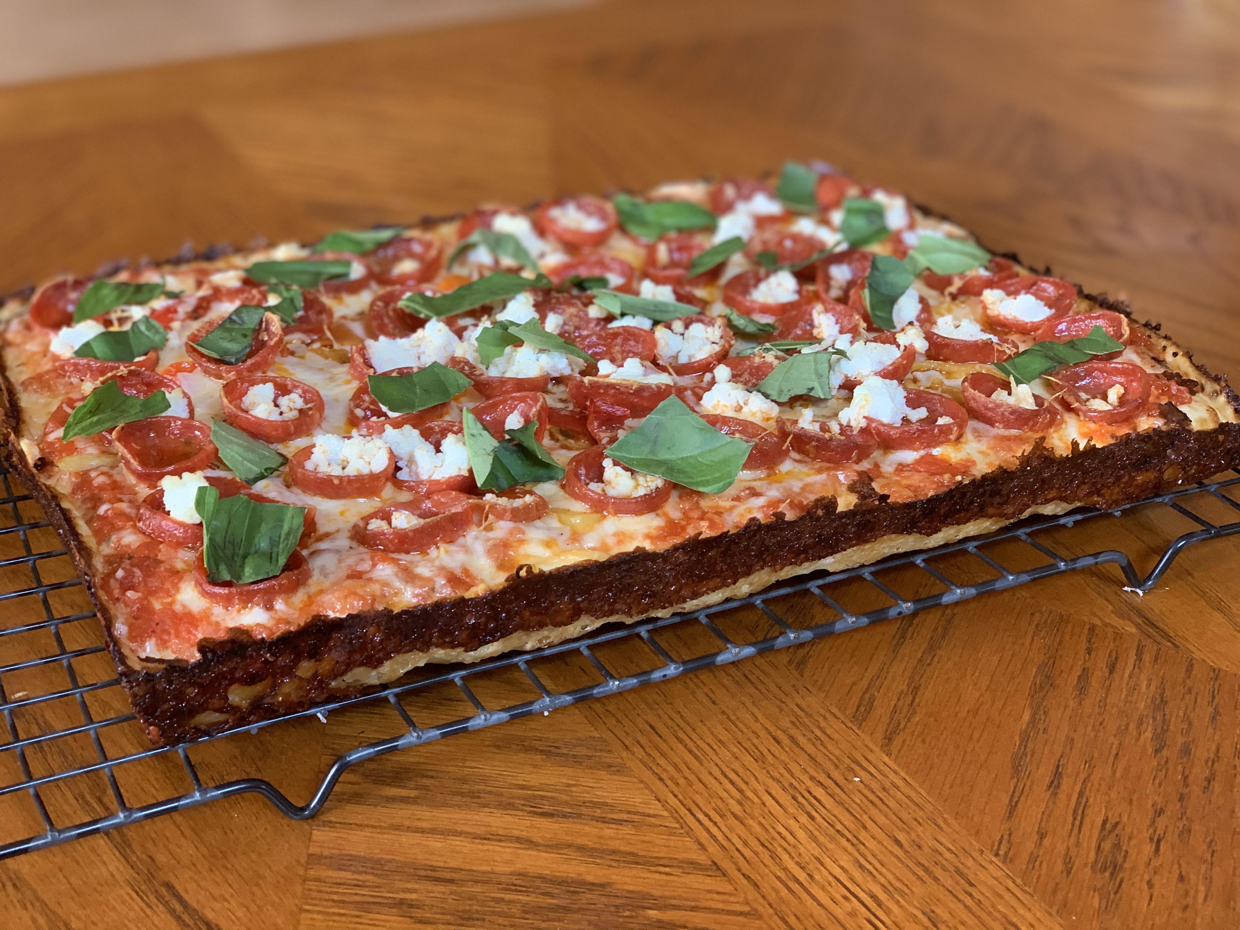 Pepperoni, Ricotta, Basil Detroit Style. r/Pizza