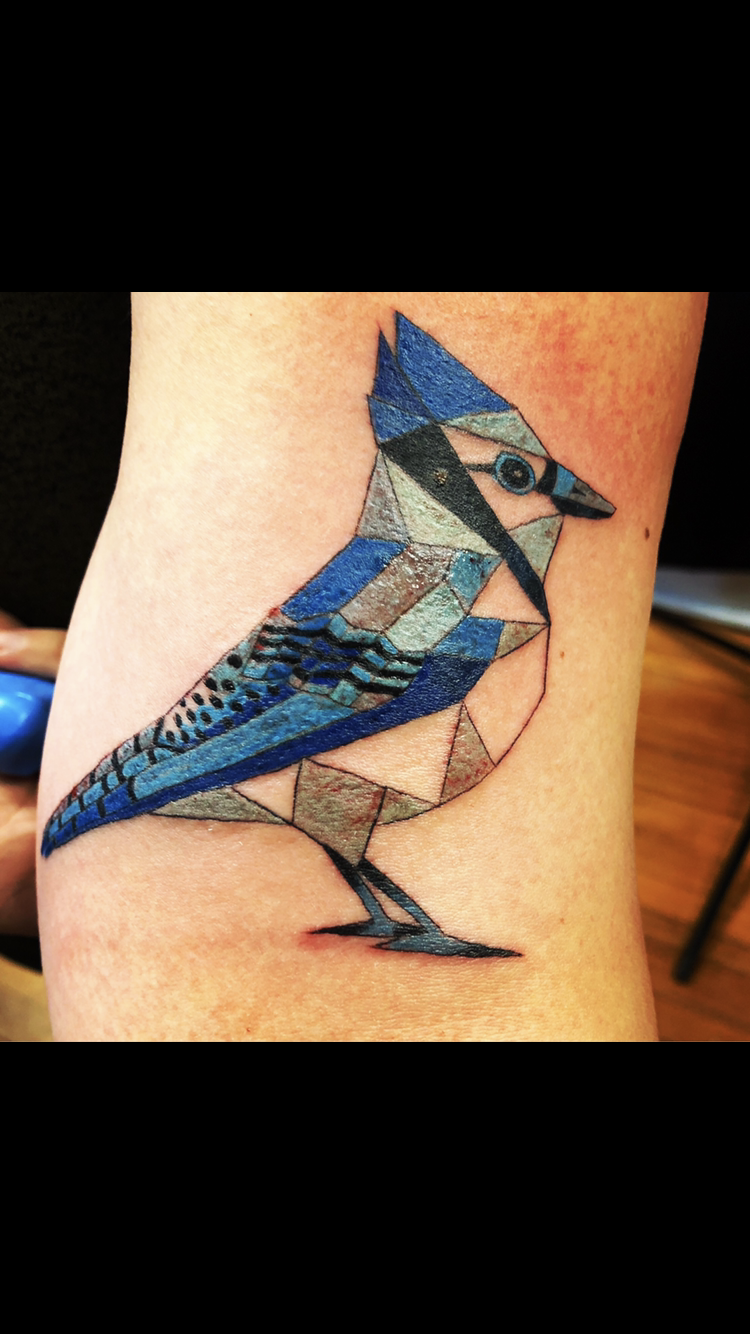 Blue Jay in Geometric Design by Doug Fortin at Iron Eel Tattoo in