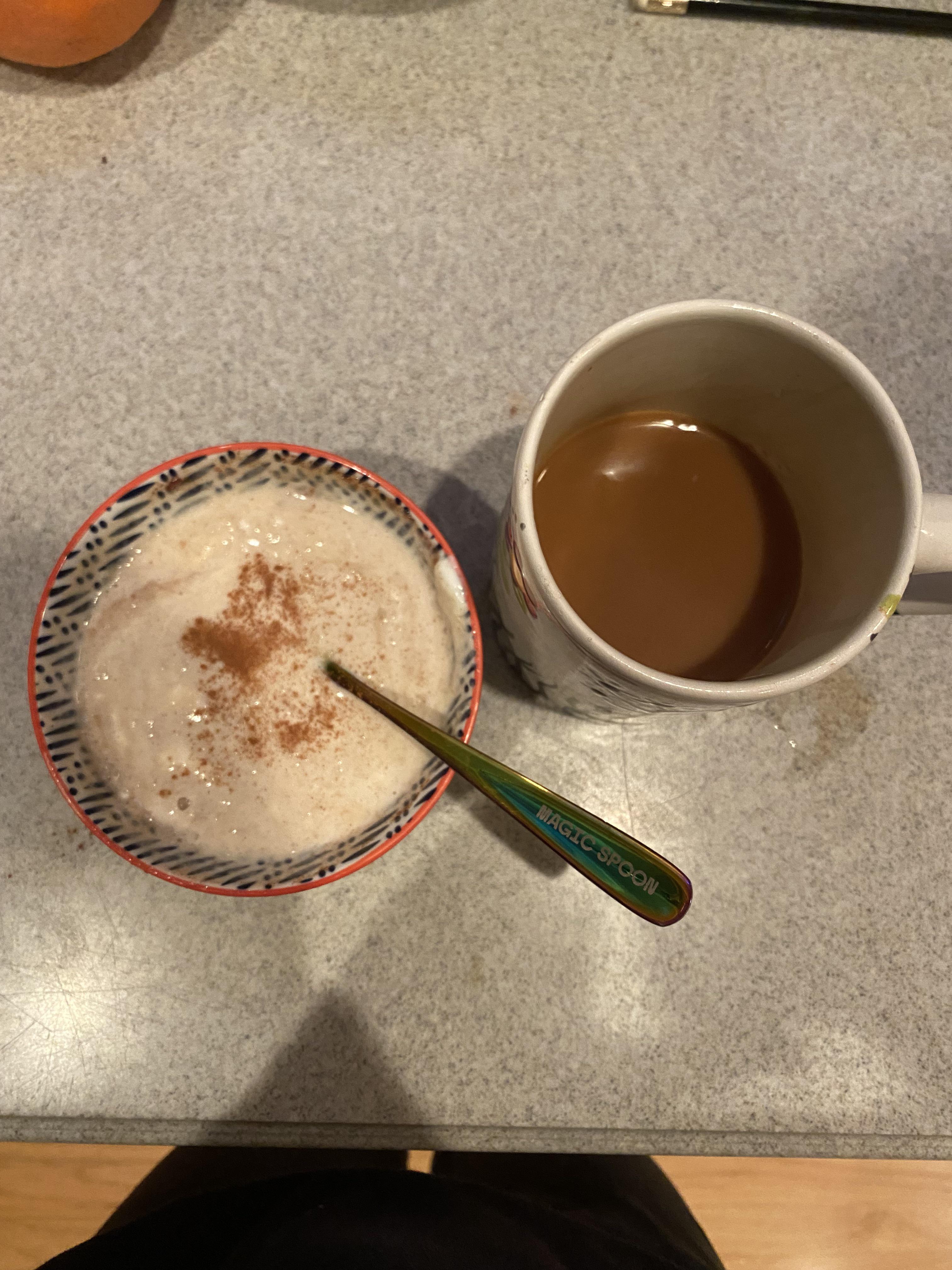 Applesauce and greek yogurt and coffee with almond milk ) r
