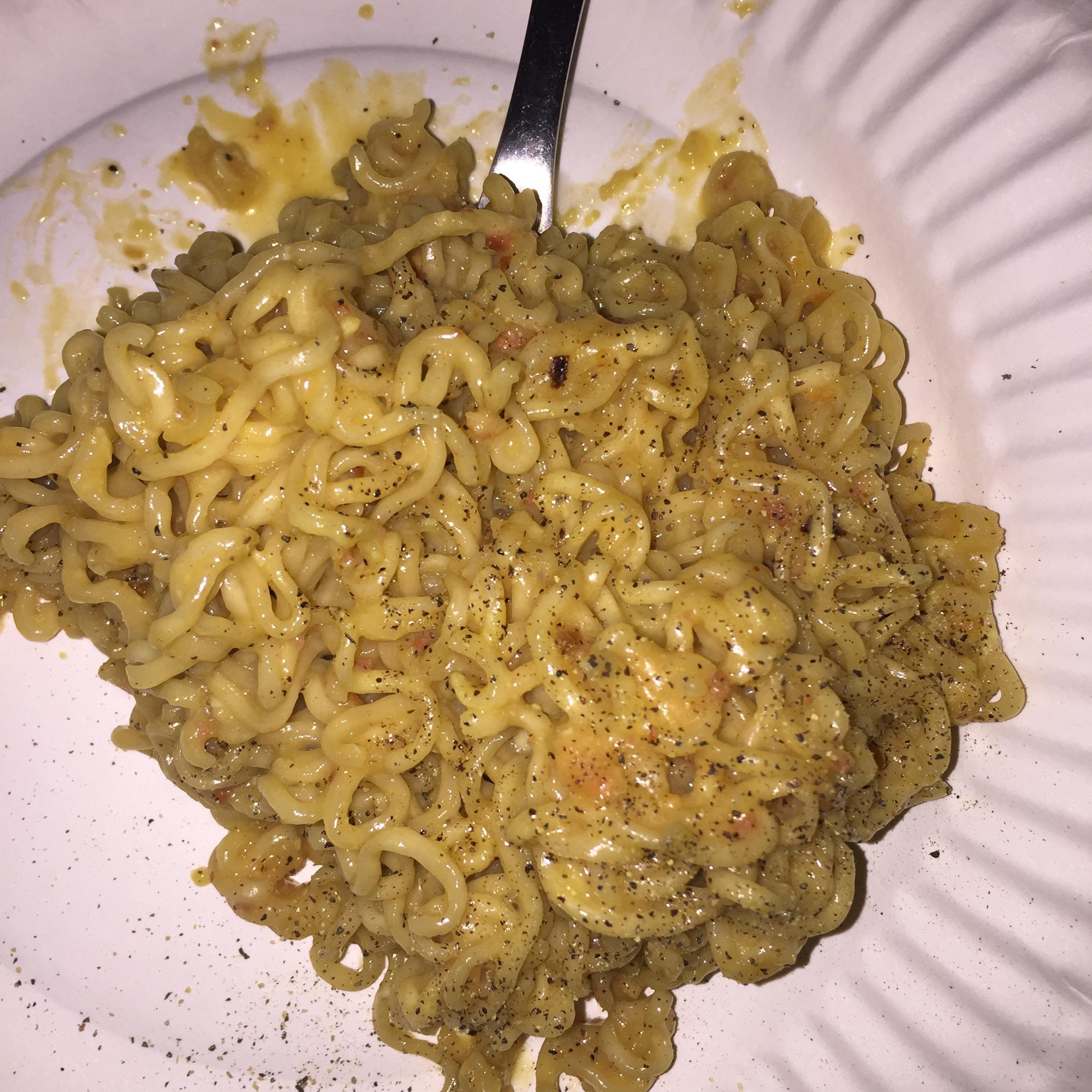 Ramen carbonara with bourbon bacon salt instead of actual meat r