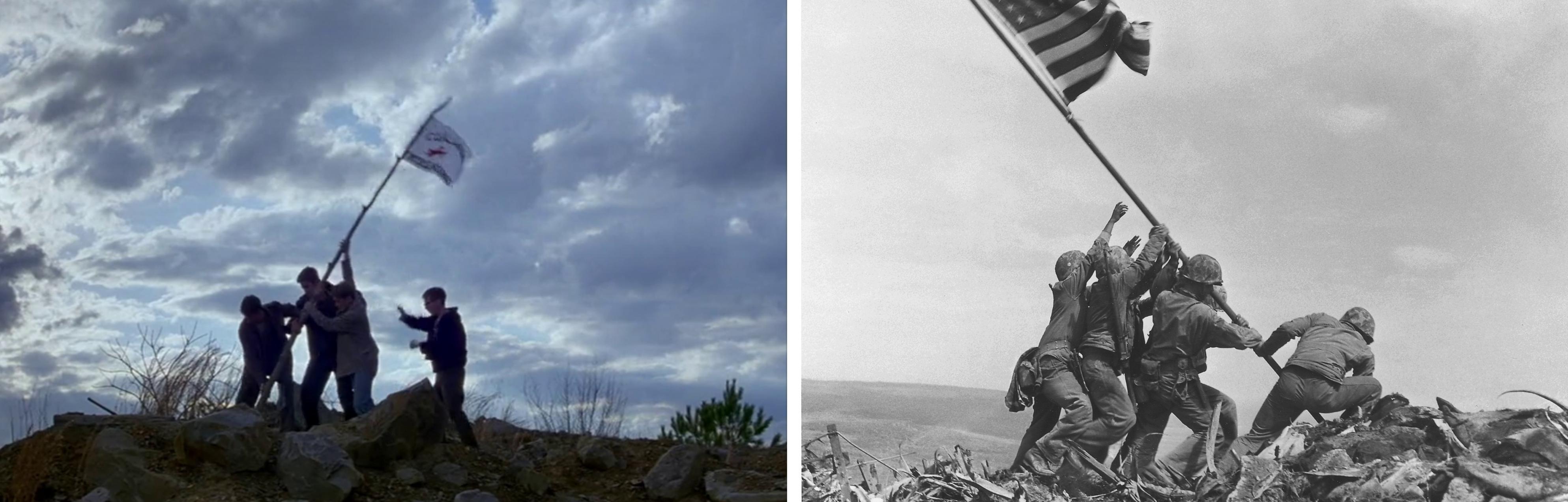 This particular scene from OCTOBER SKY(1999) looks like the Iwo Jima flag raising which was an