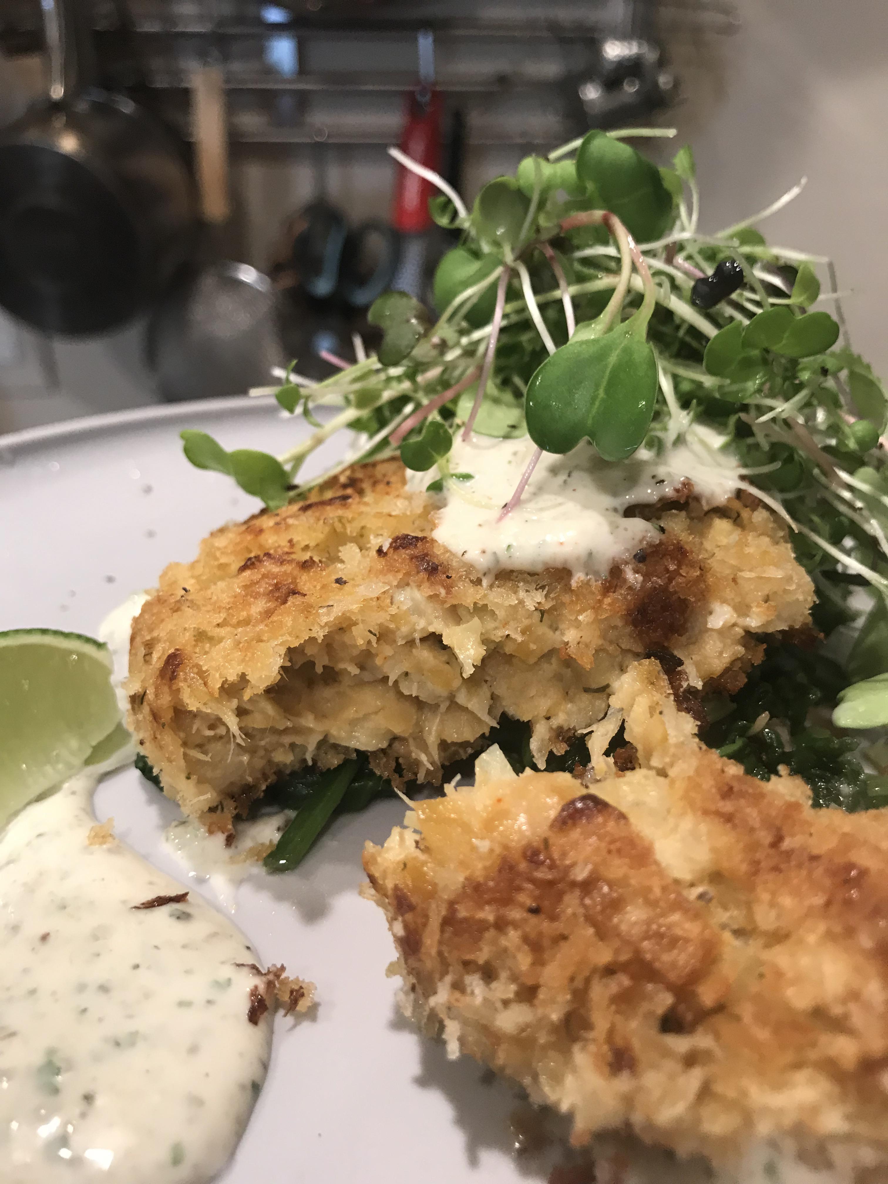Homemade Vegan mock crab cake with heart of palm and chickpea and micro