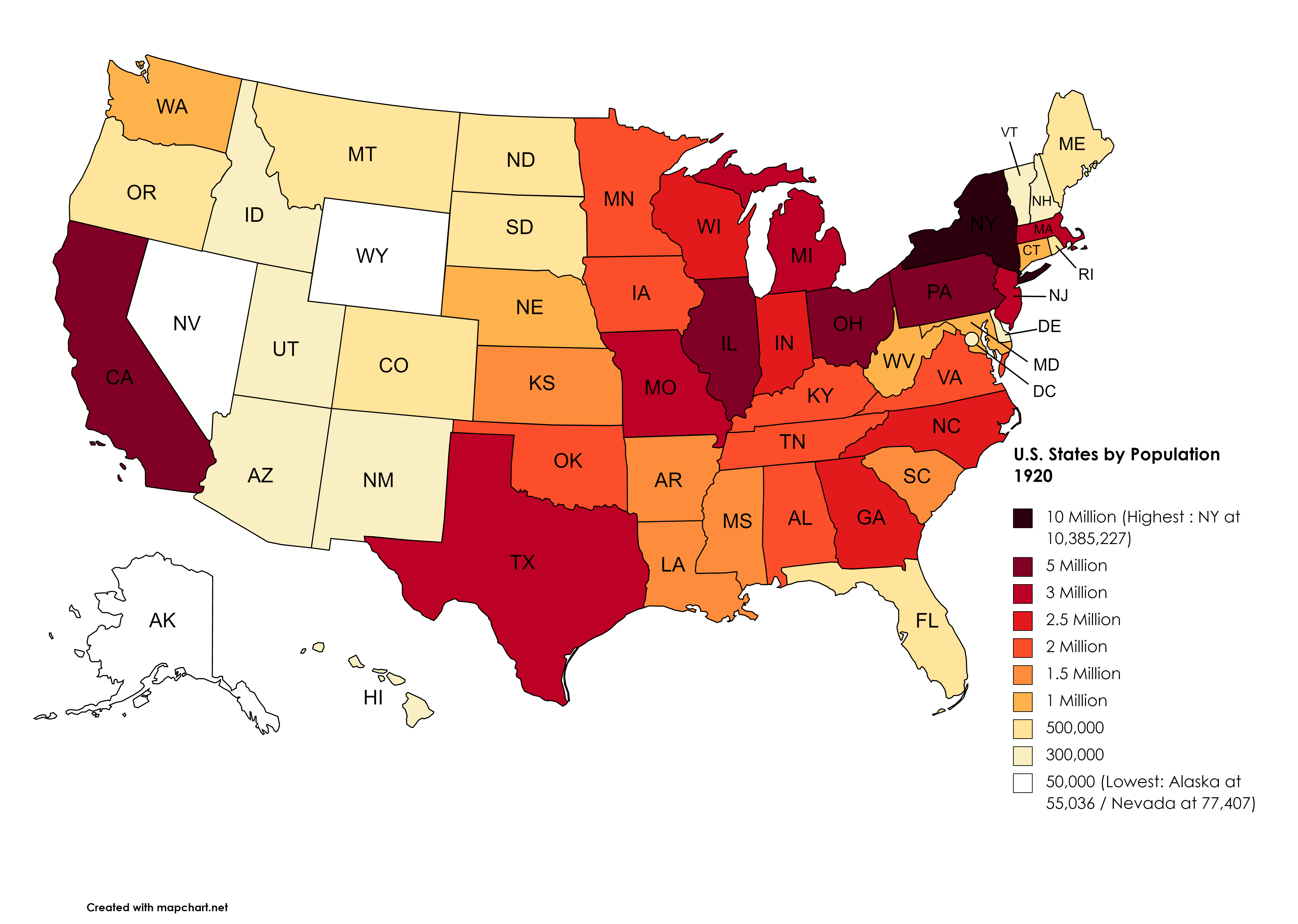 [OC] U.S. States by Population 1920. r/MapPorn