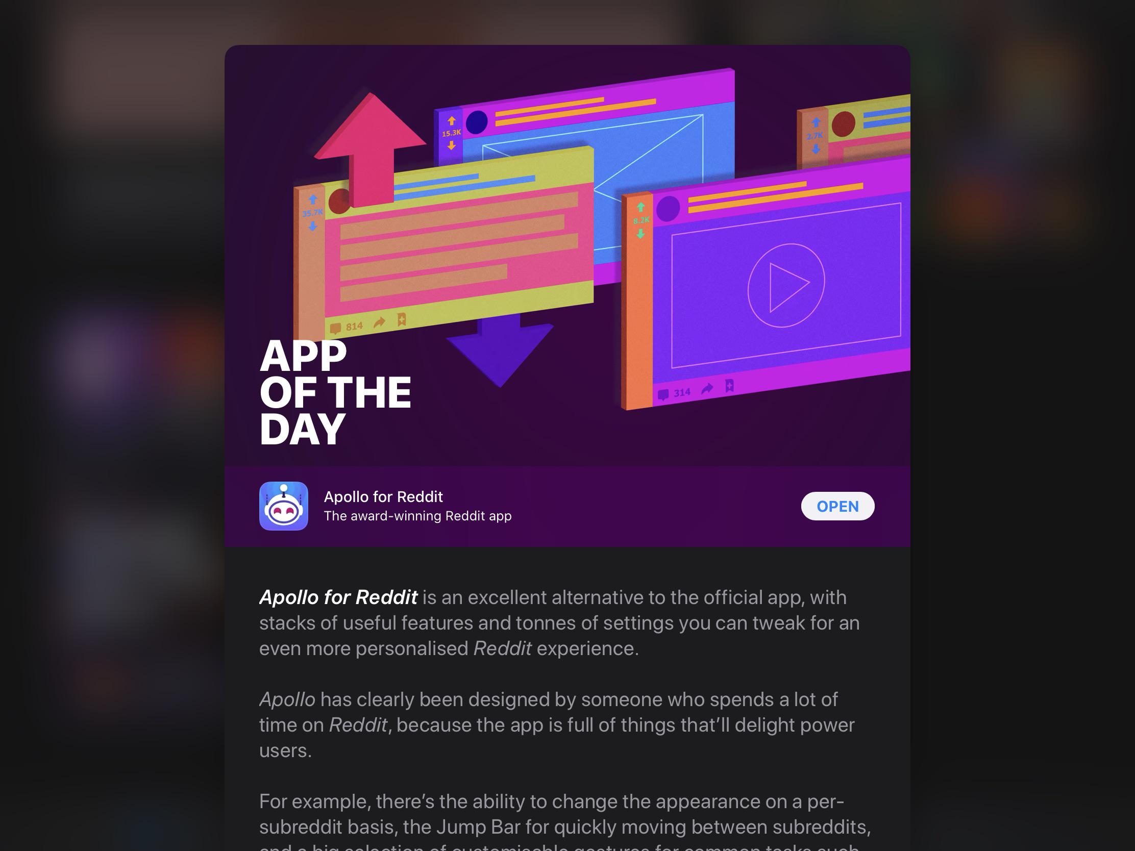 Apollo as the app of the day on my region’s App Store apolloapp