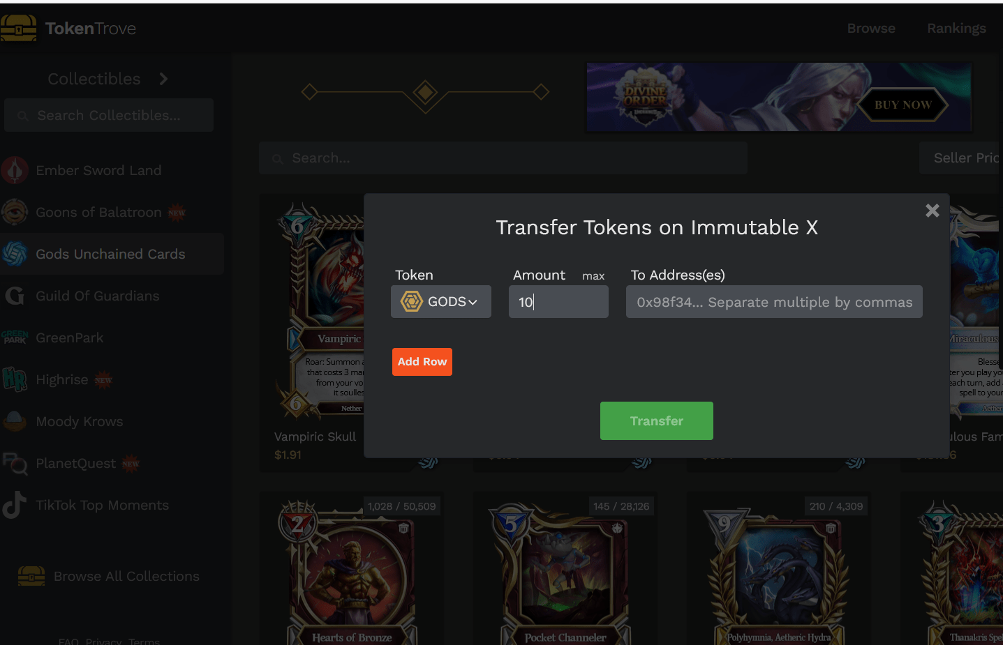 Does Tokentrove charge gas fees per transaction? Does it make a