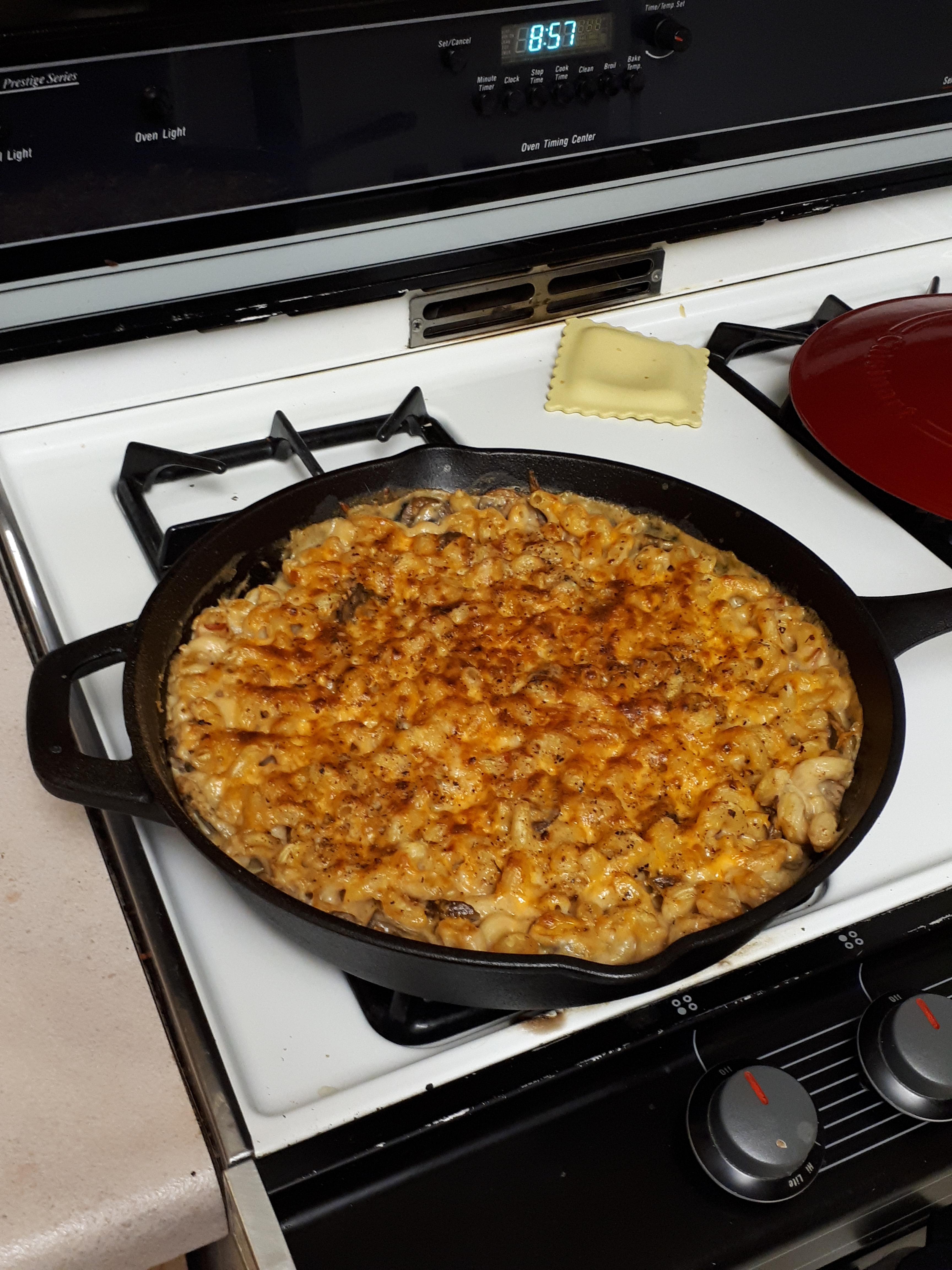 Big beautiful pasta bake in the cast iron and it doesn't stick at all