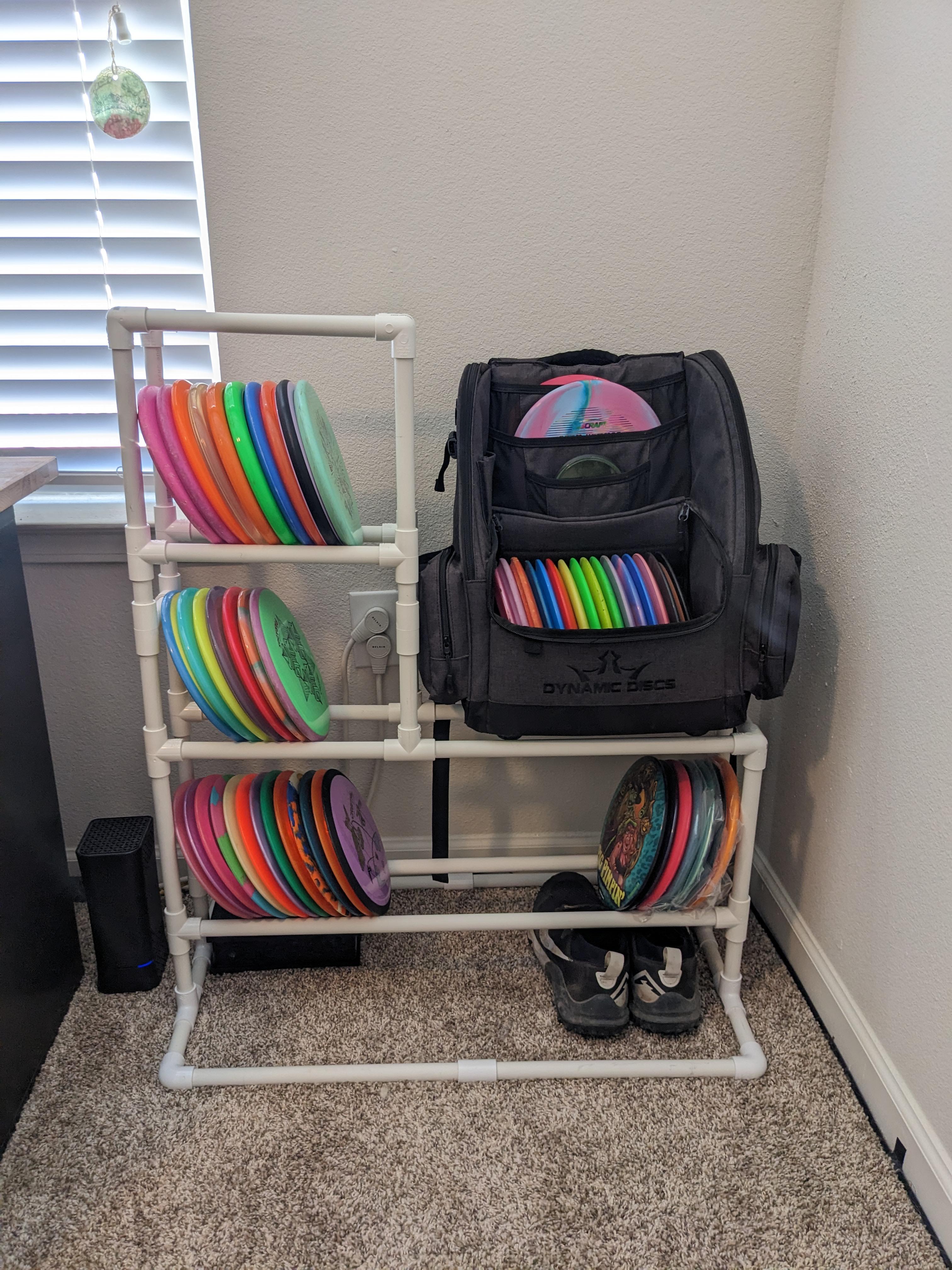 Built this disc & bag rack over the weekend r/discgolf