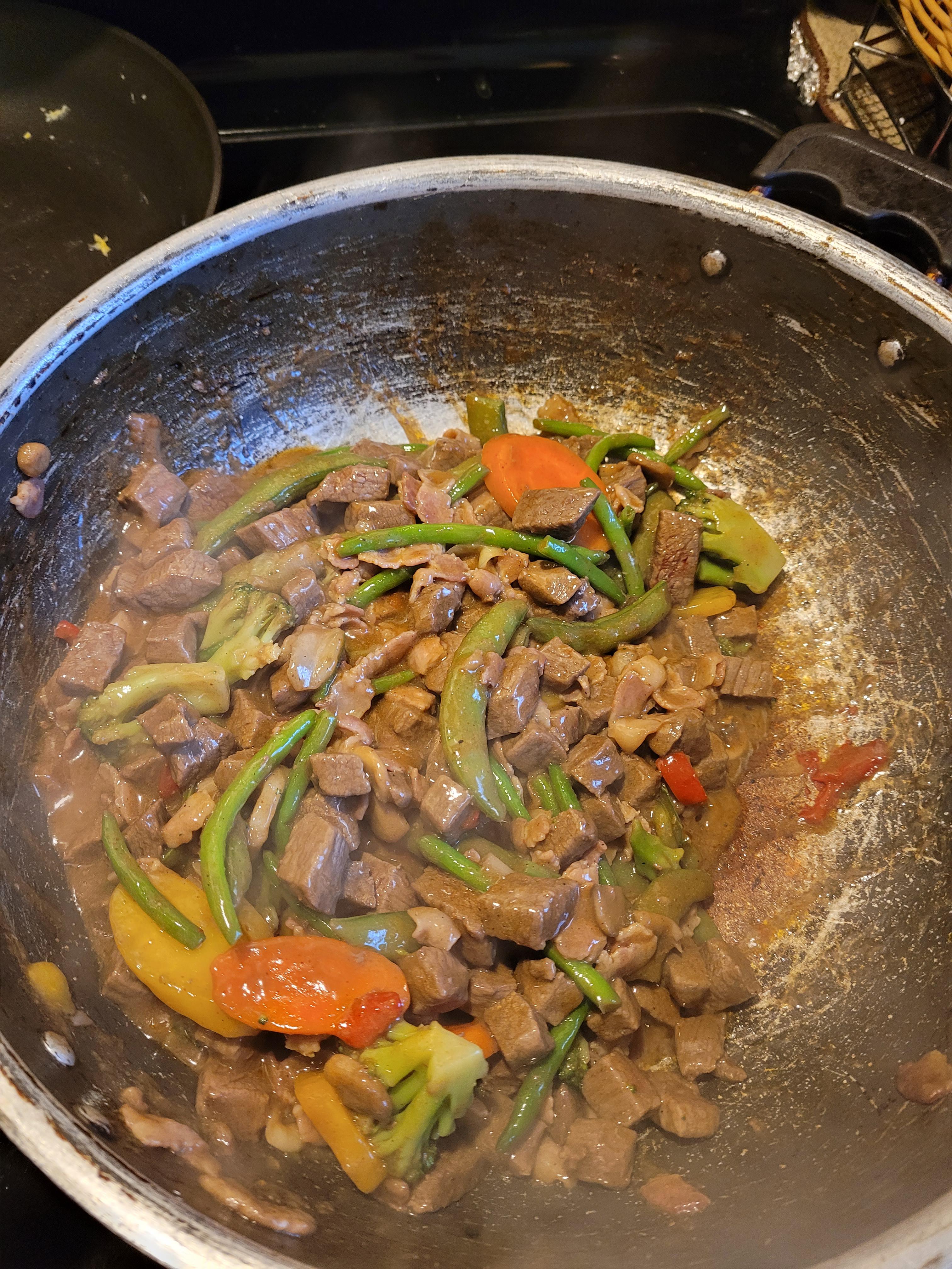 Made a makeshift stir fry out of leftover chuck roast, bacon, frozen
