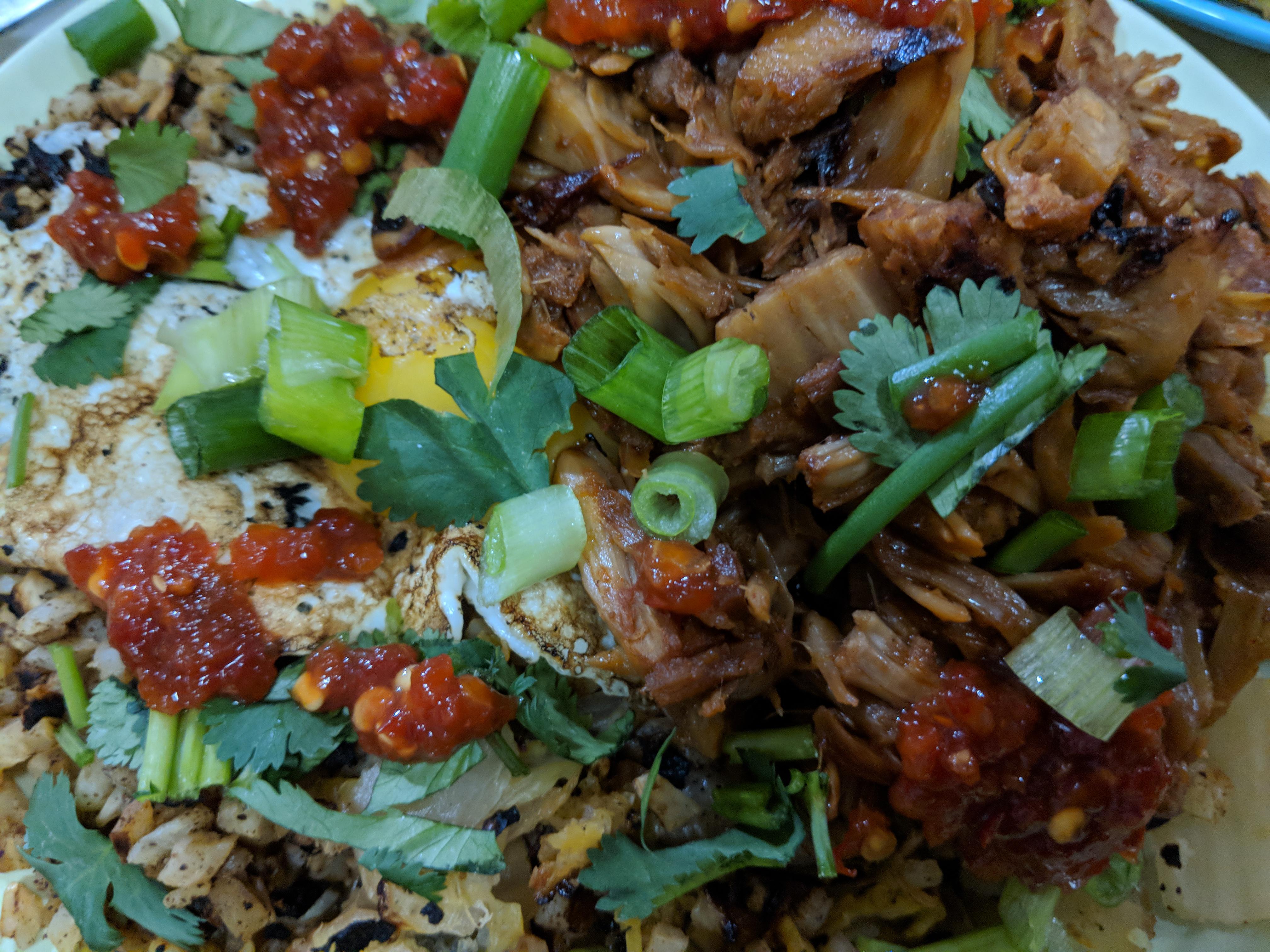 Kimchi fried cauliflower rice with Korean inspired BBQ jackfruit and