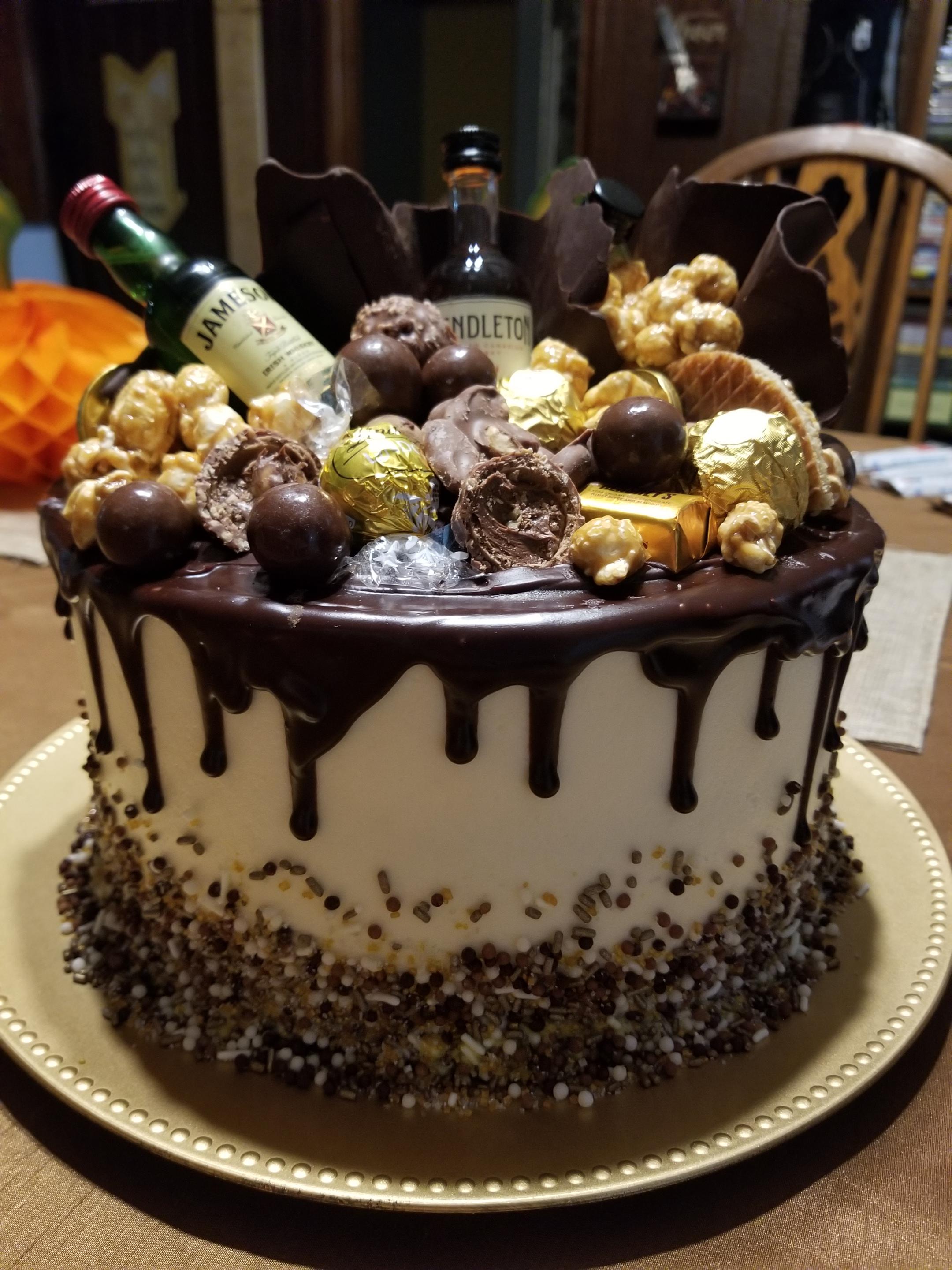 [Homemade] 50th birthday cake! Chocolate cake, Jameson product filling
