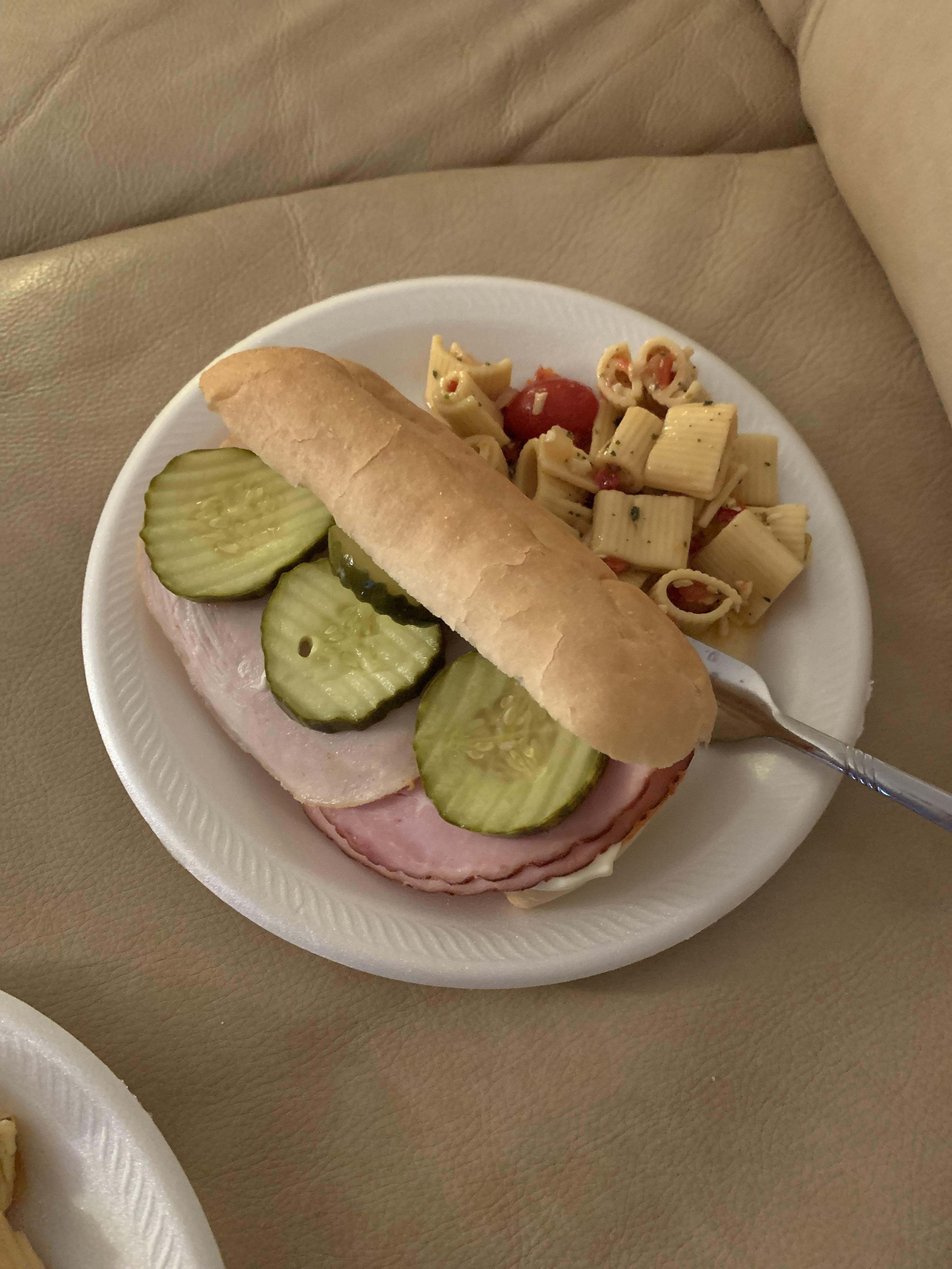 [homemade] Turkey, ham, mayo, Munster cheese and pickles on French sub