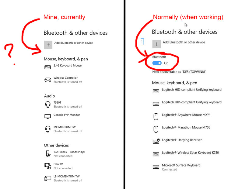Option to turn Bluetooth on and off periodically disappears and