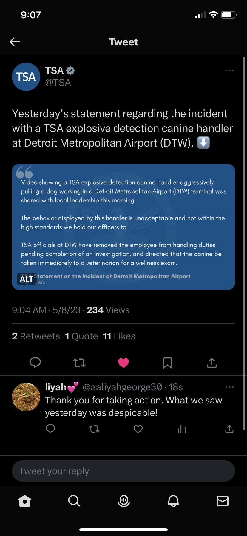 Official statement from TSA re the TSA dog incident that went viral on