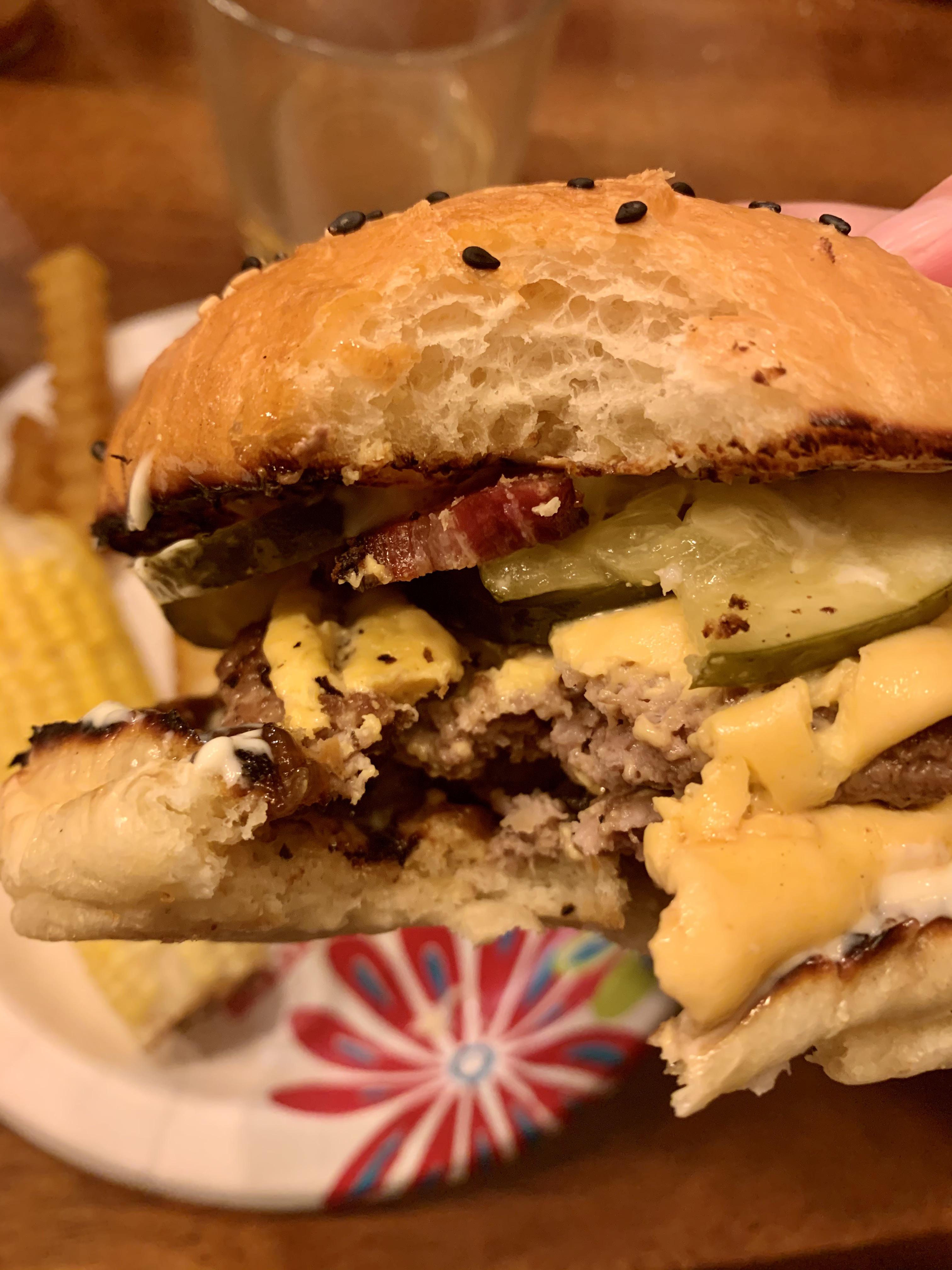 Double ground brisket/elk with home smoked bacon, homemade pickles