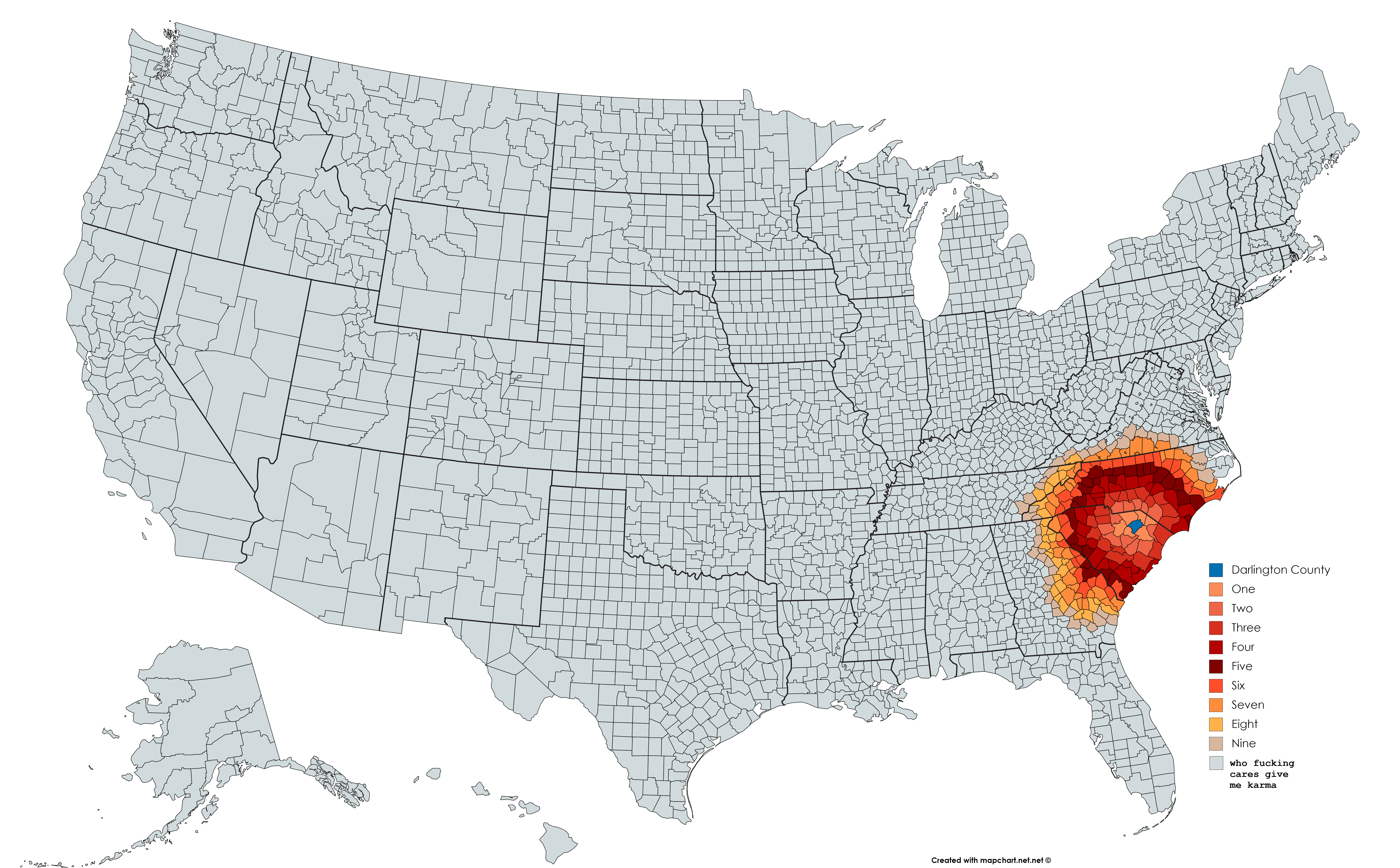 How far each county is away from Darlington County, South Carolina r
