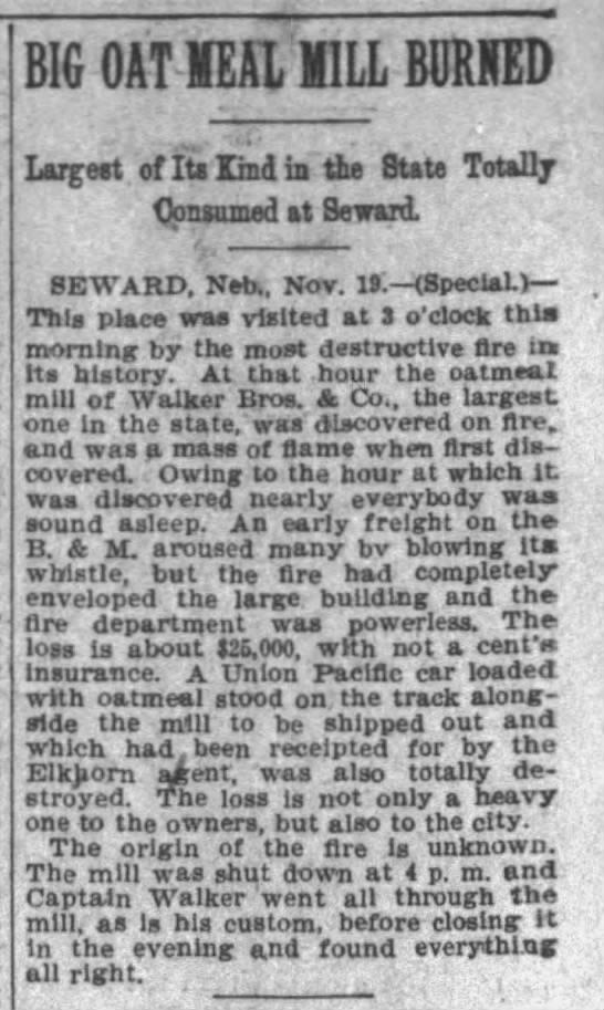 Big Oat Meal Mill Burned, Seward, The Nebraska State Journal, 22 Nov