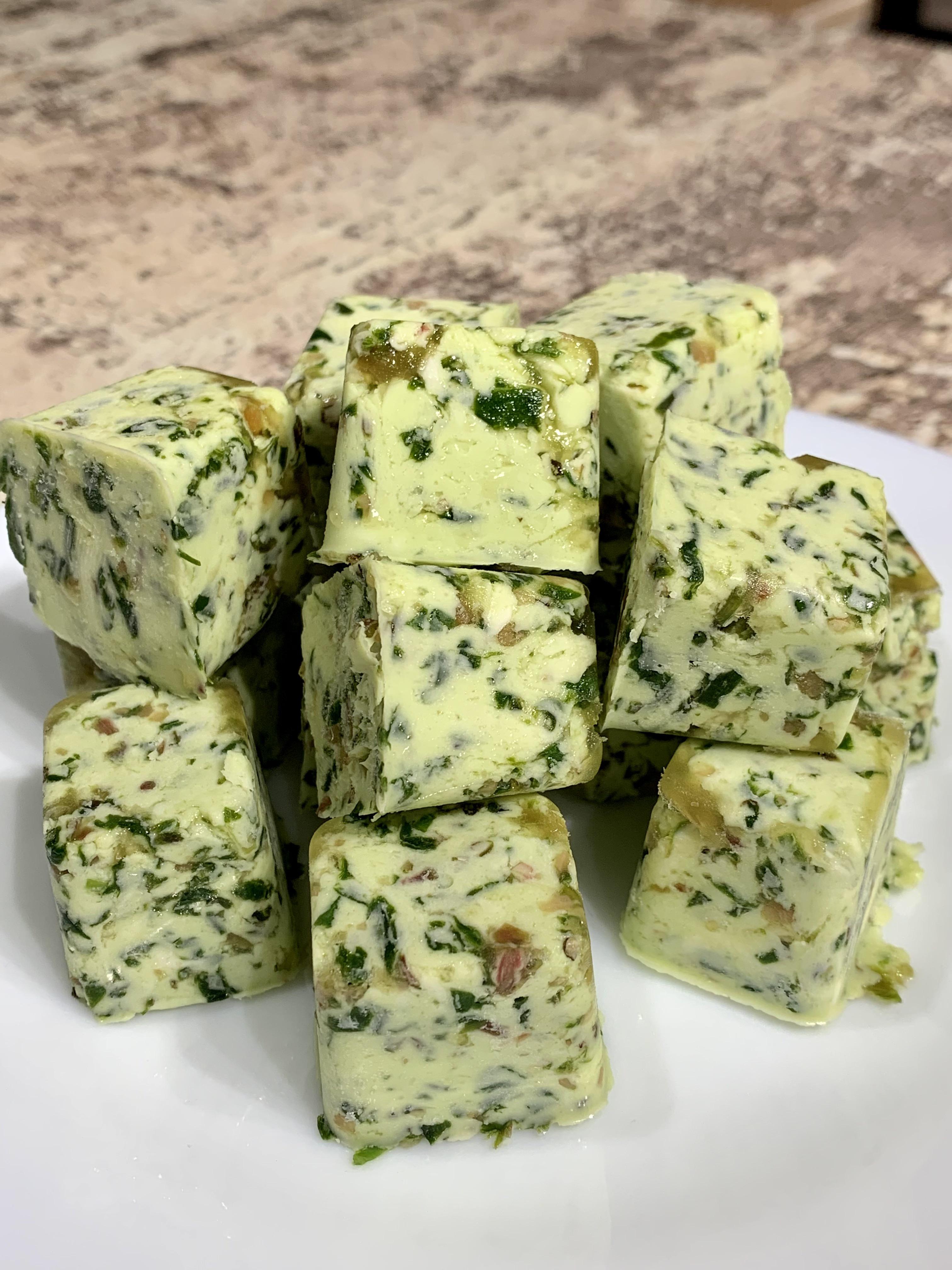 [homemade] Compound butter Ramp cubes with roasted garlic. r/food