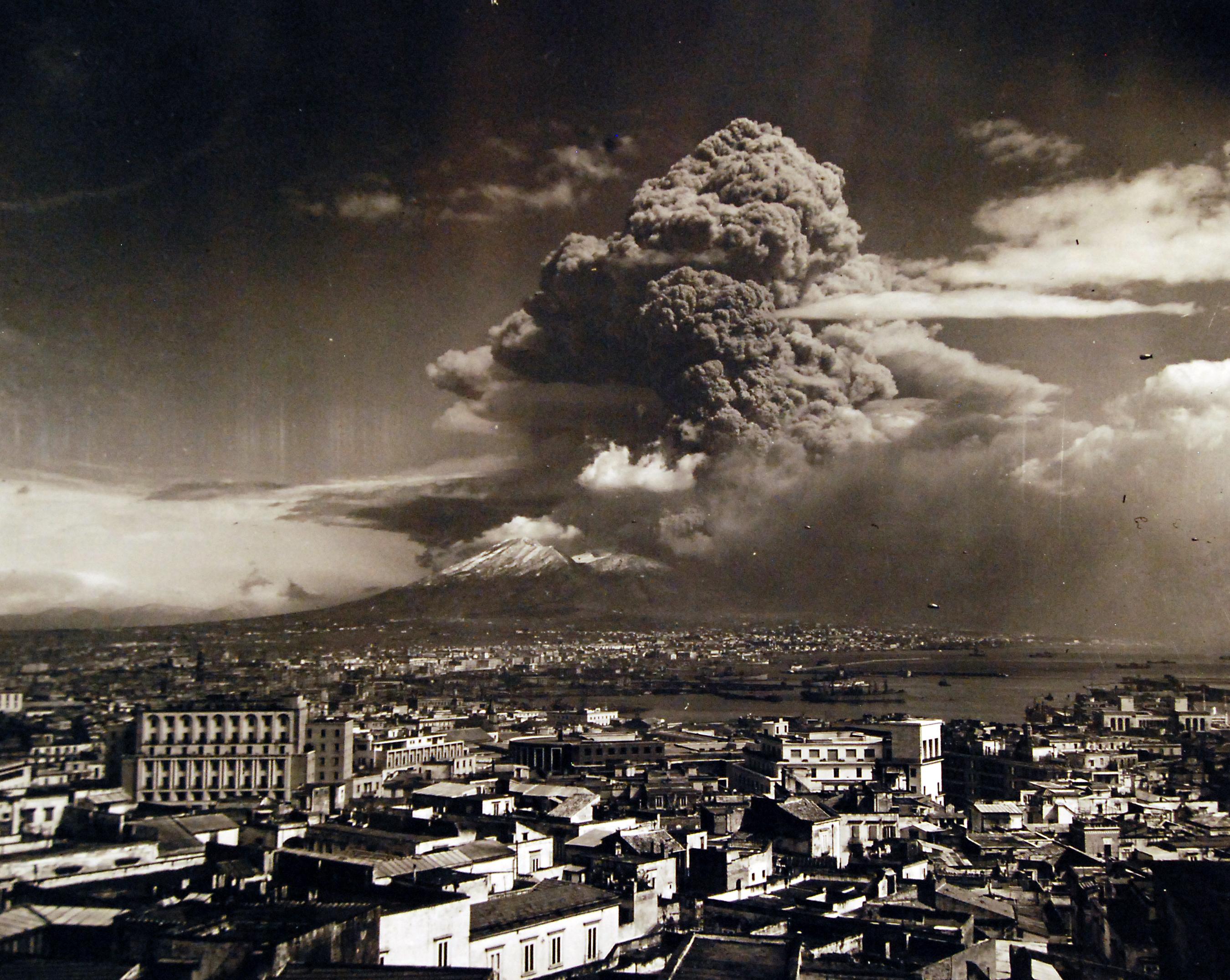 Mt. Vesuvius in its worst eruption in 72 years. A giant canopy of smoke