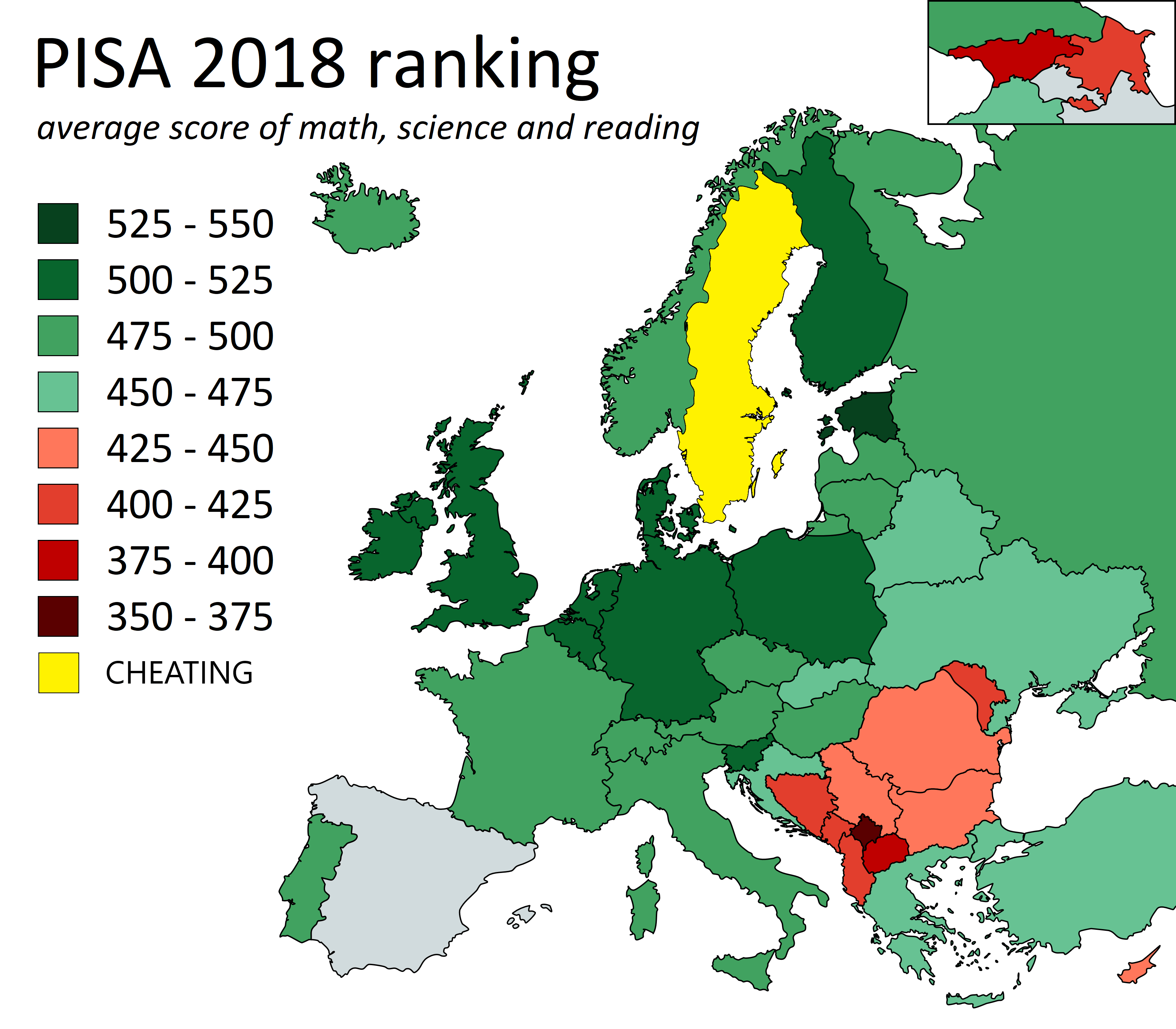 PISA 2018 ranking, Europe average score of math, science