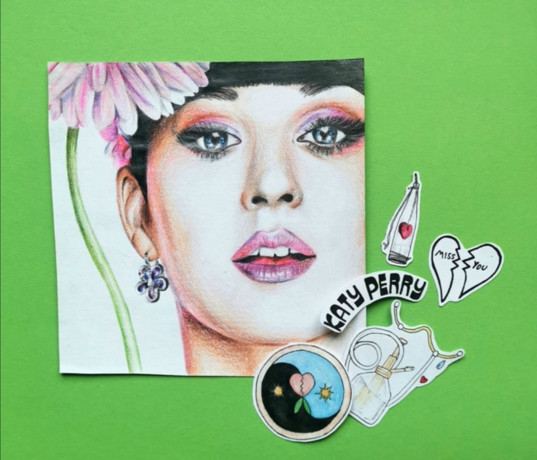 My painting of Katy with Never Really Over stickers by my sister r
