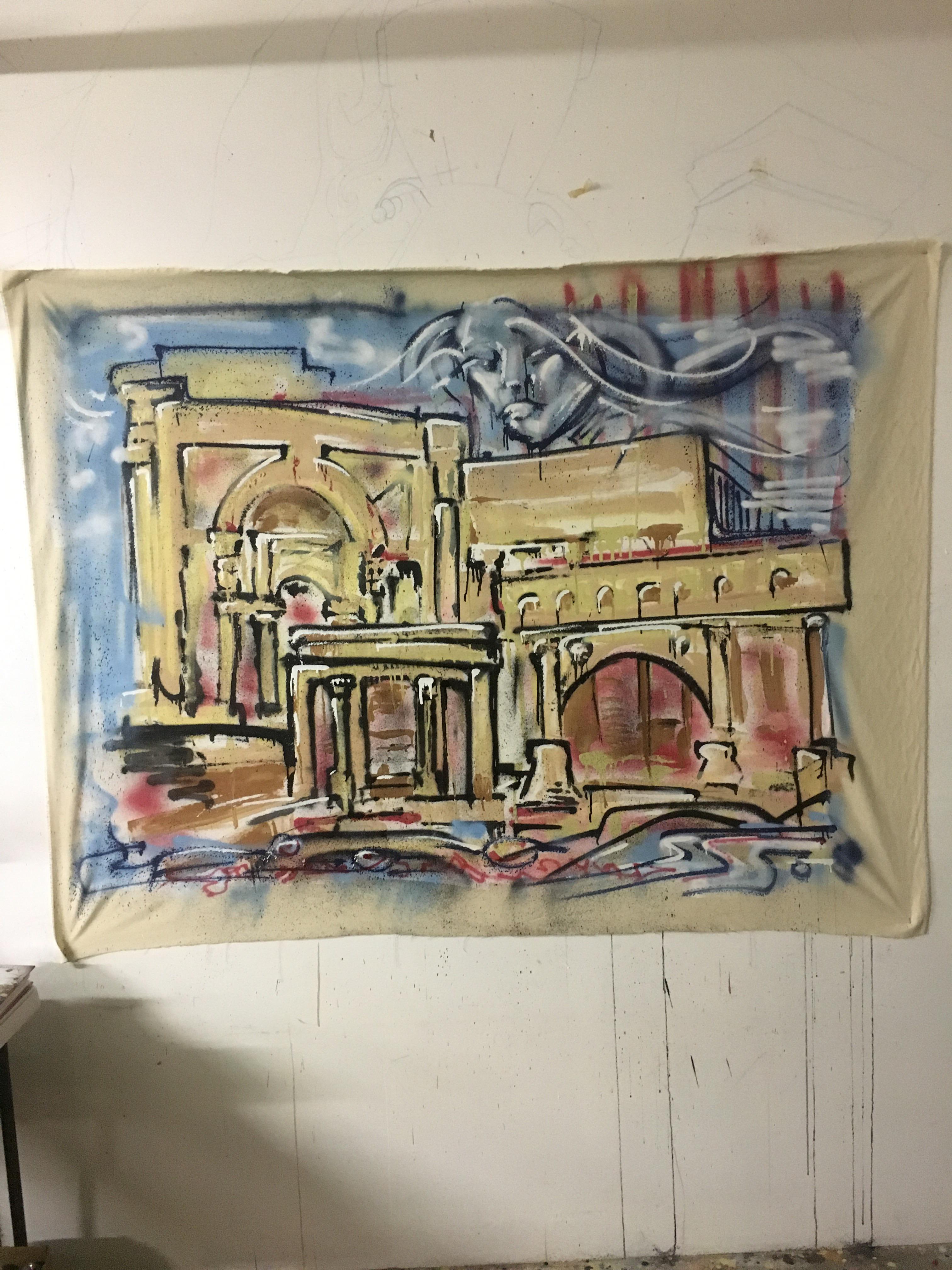 First time using unstretched canvas. House paint and spray paint. All