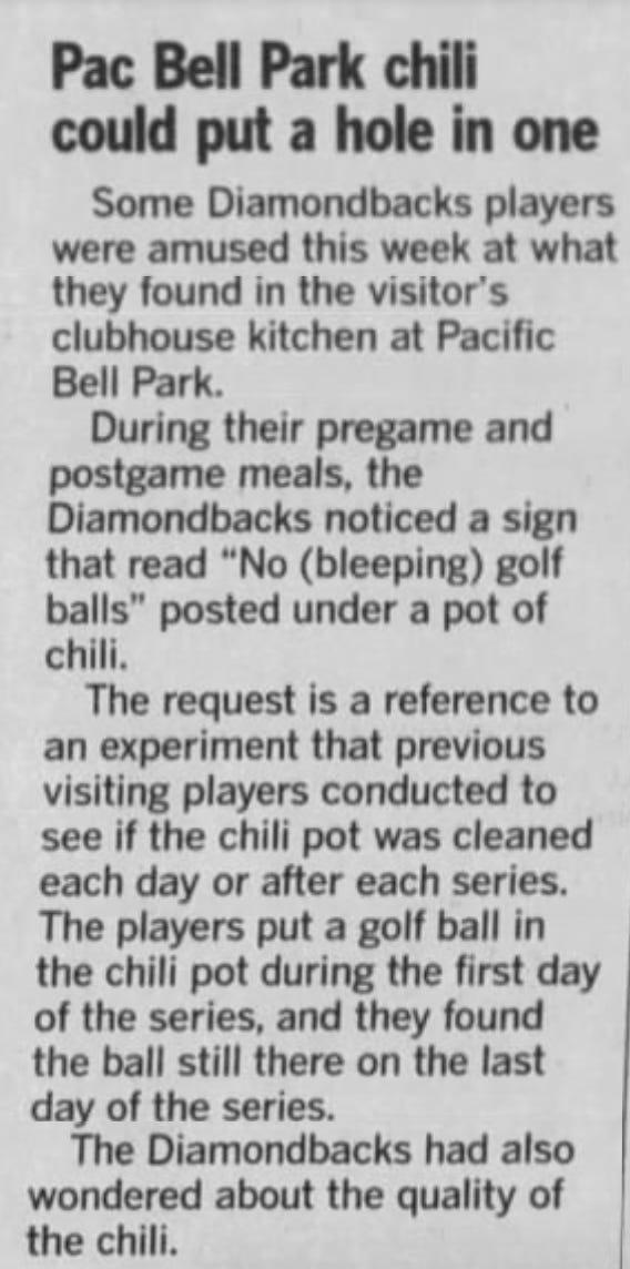 In 2001, visiting players used golf balls to test if the Giants staff