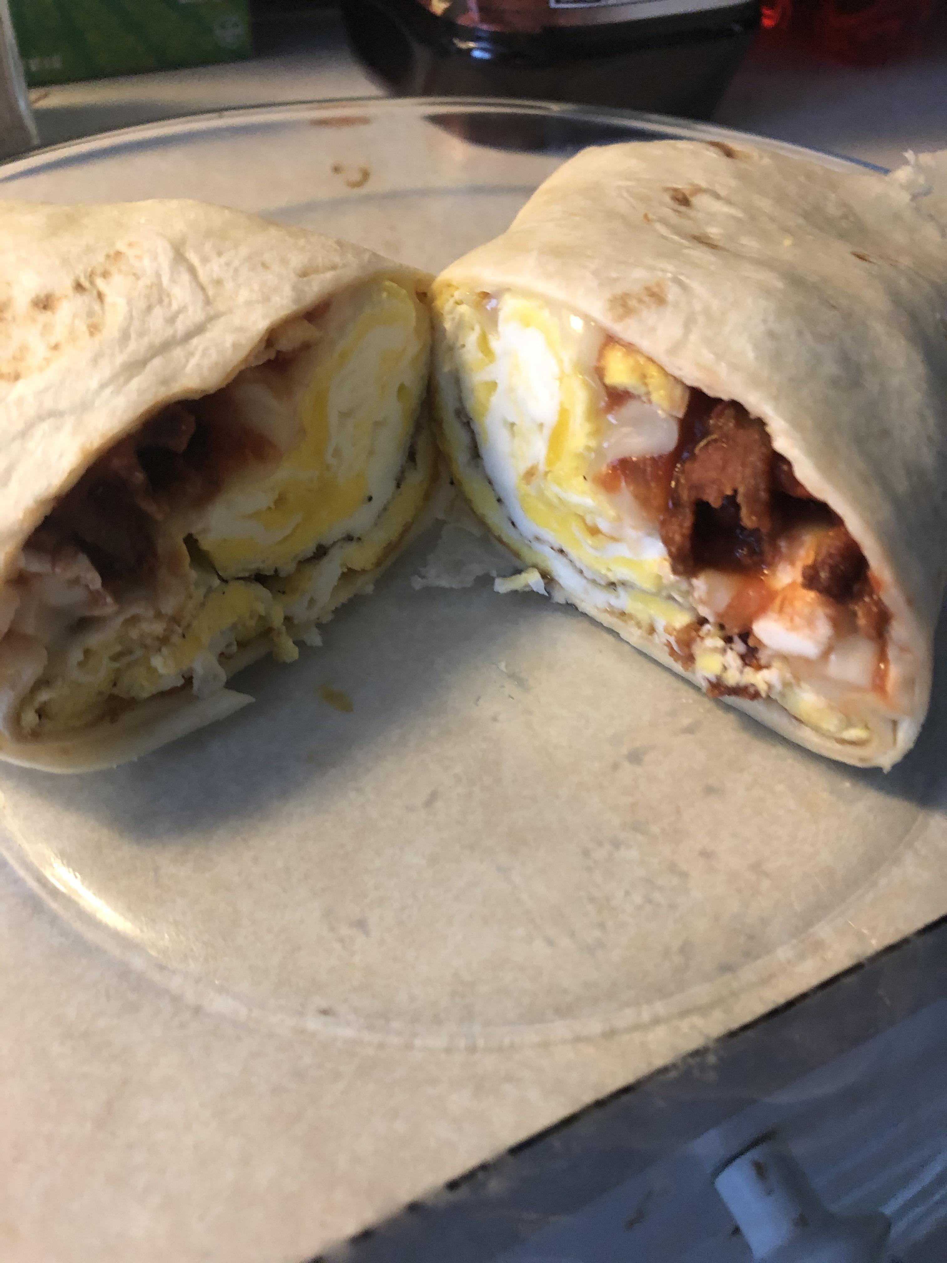 Did it again. Eggs, bacon,Havarti cheese, hot salsa on a tortilla r