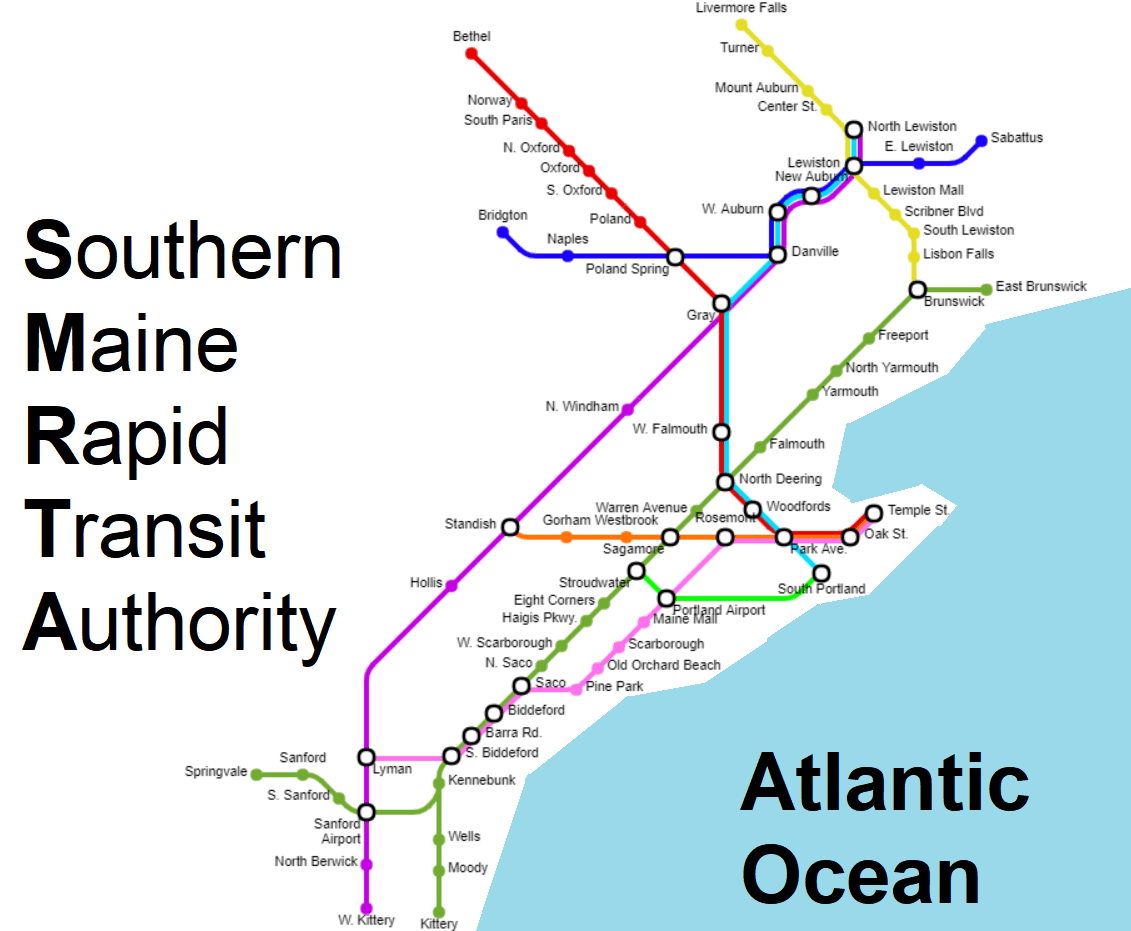Every Dunkin Donuts in Southern Maine in the style of a subway map r