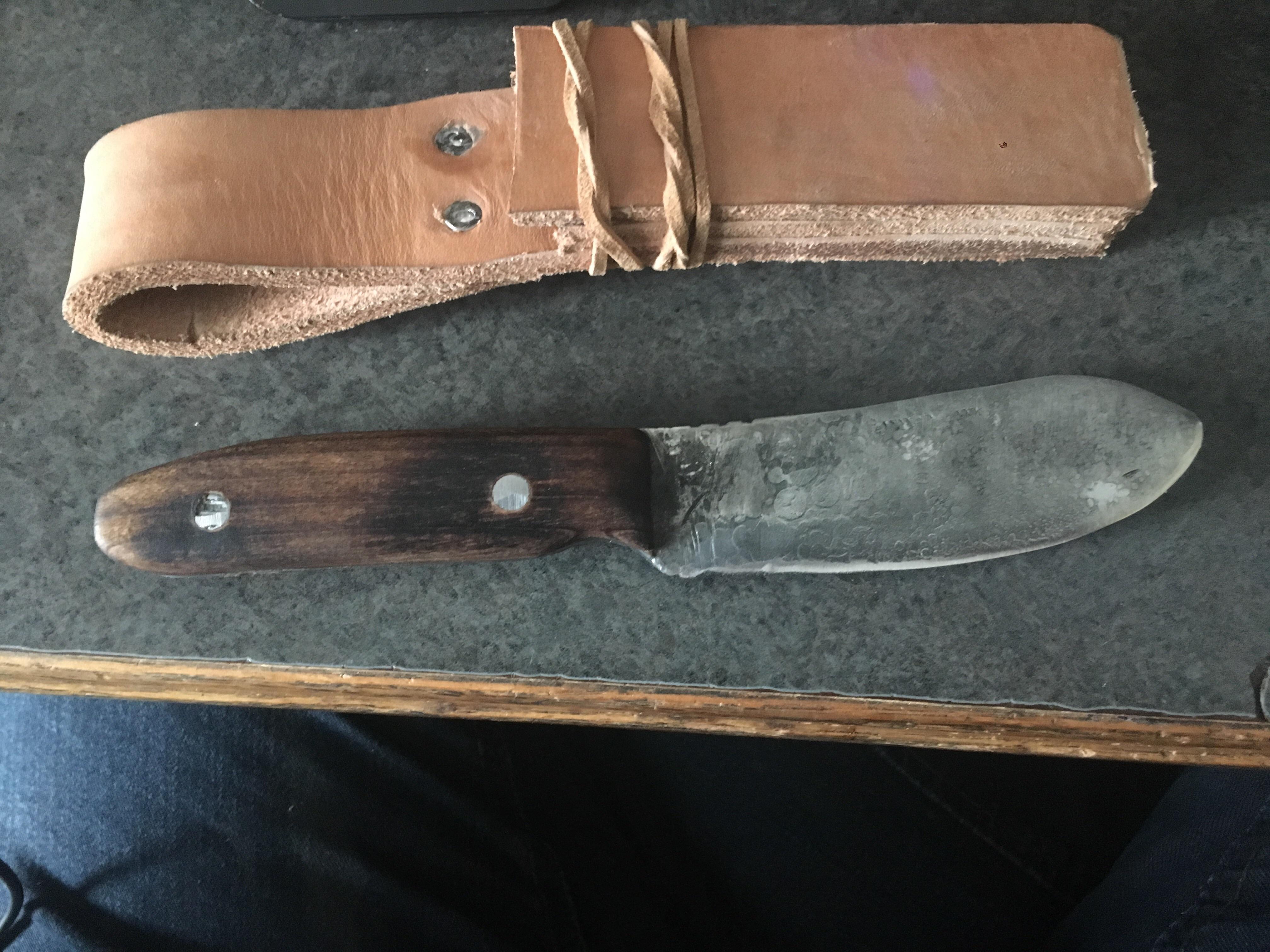First knife and sheath maple handle, and a spring steel blade r