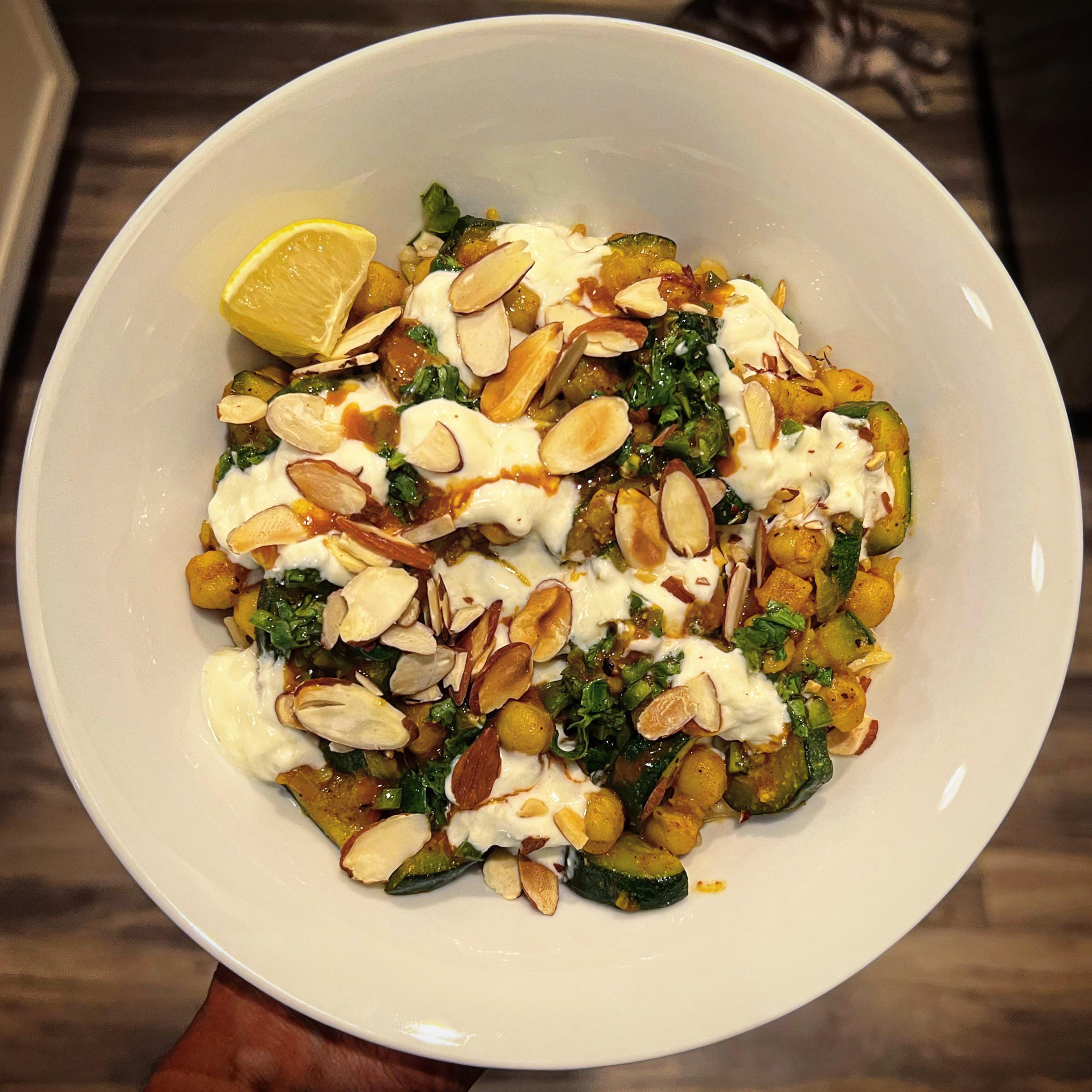 Apricot, Toasted Almond & Chickpea Tagine with Zucchini, Basmati Rice