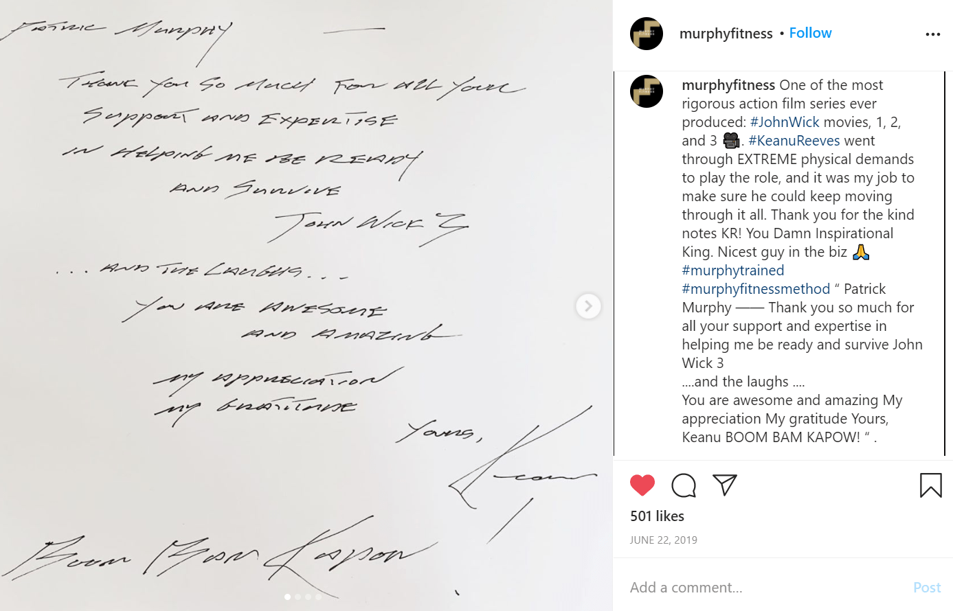 A special thank you note from Keanu to his personal