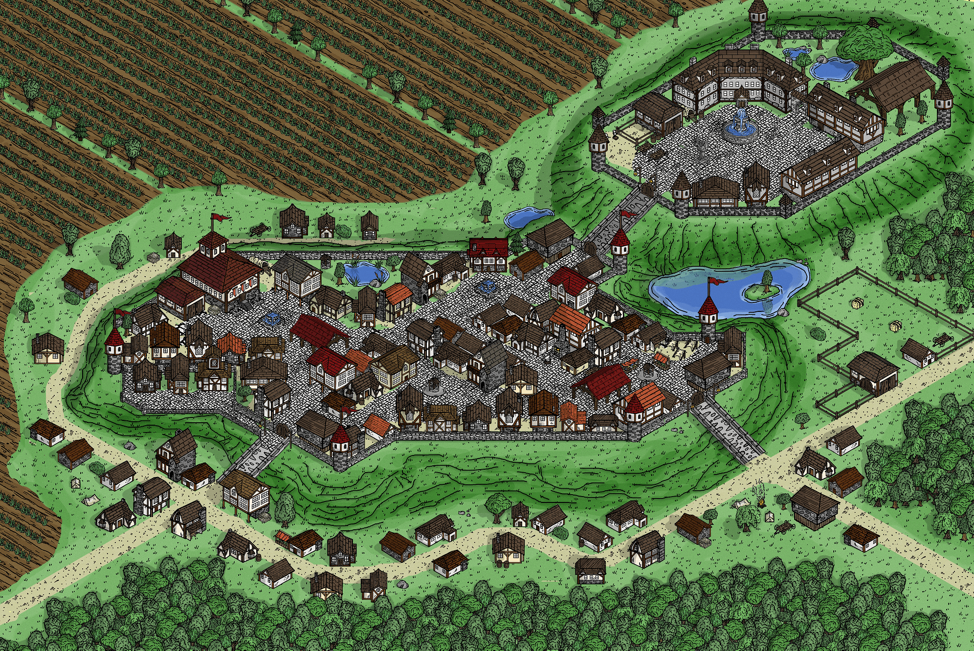 [OC] The town of Two Hills. Isometric. r/DnD