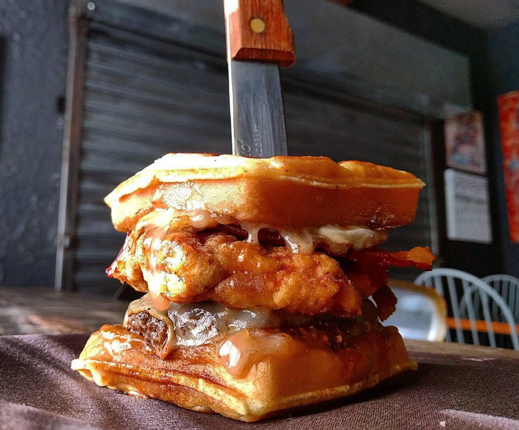 Our burger of the month at the burger joint I work at. Beef & chicken