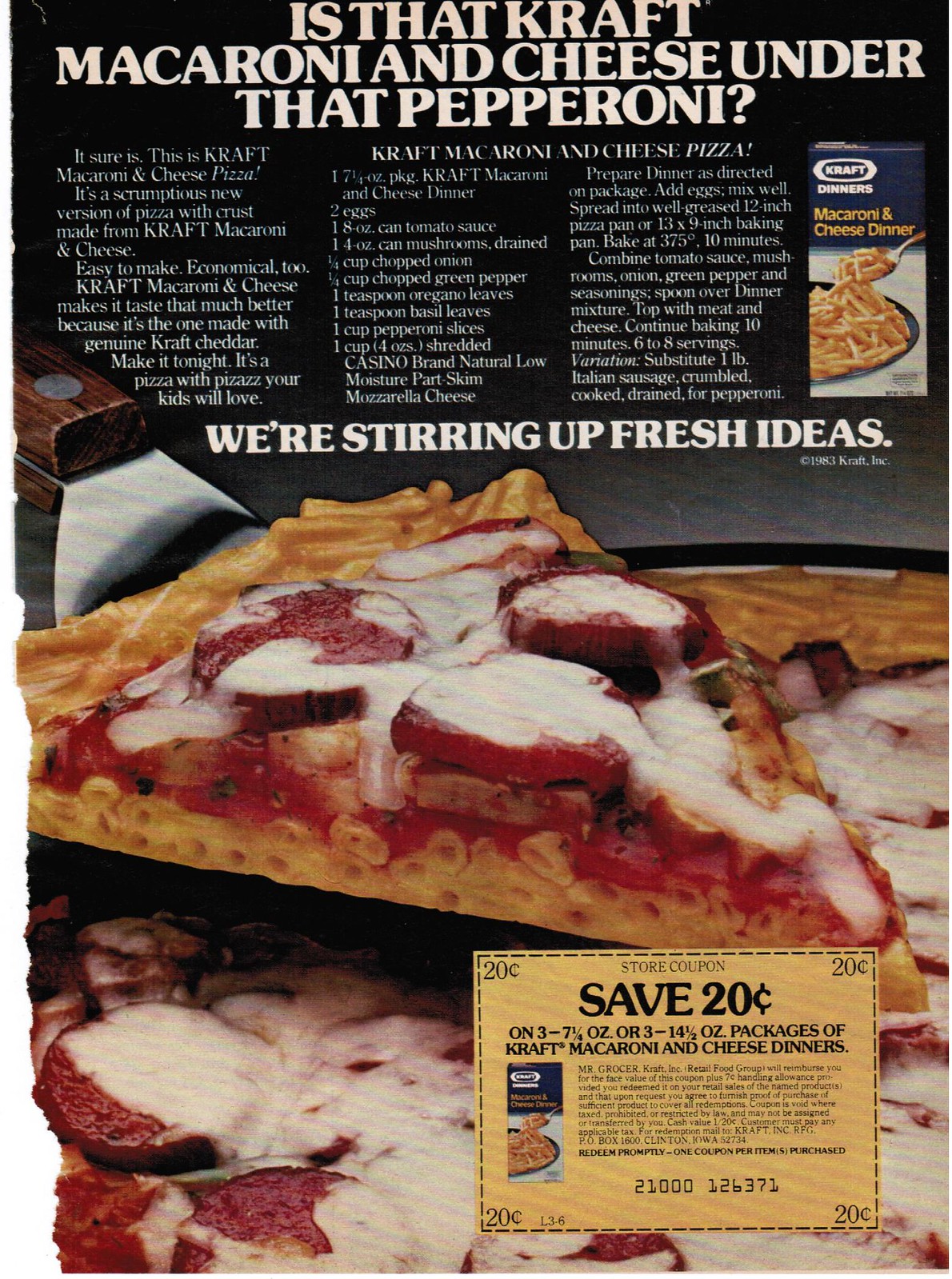 Kraft Macaroni and Cheese Pizza, 1983 r/vintageads