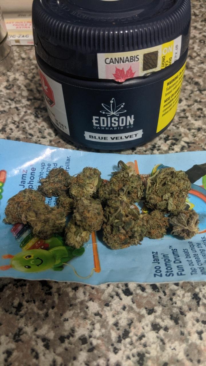 Edison Blue Velvet aka Blueberry Kush. THC 22.3 From Canna Cabanna. Haven't smoked it yet but I