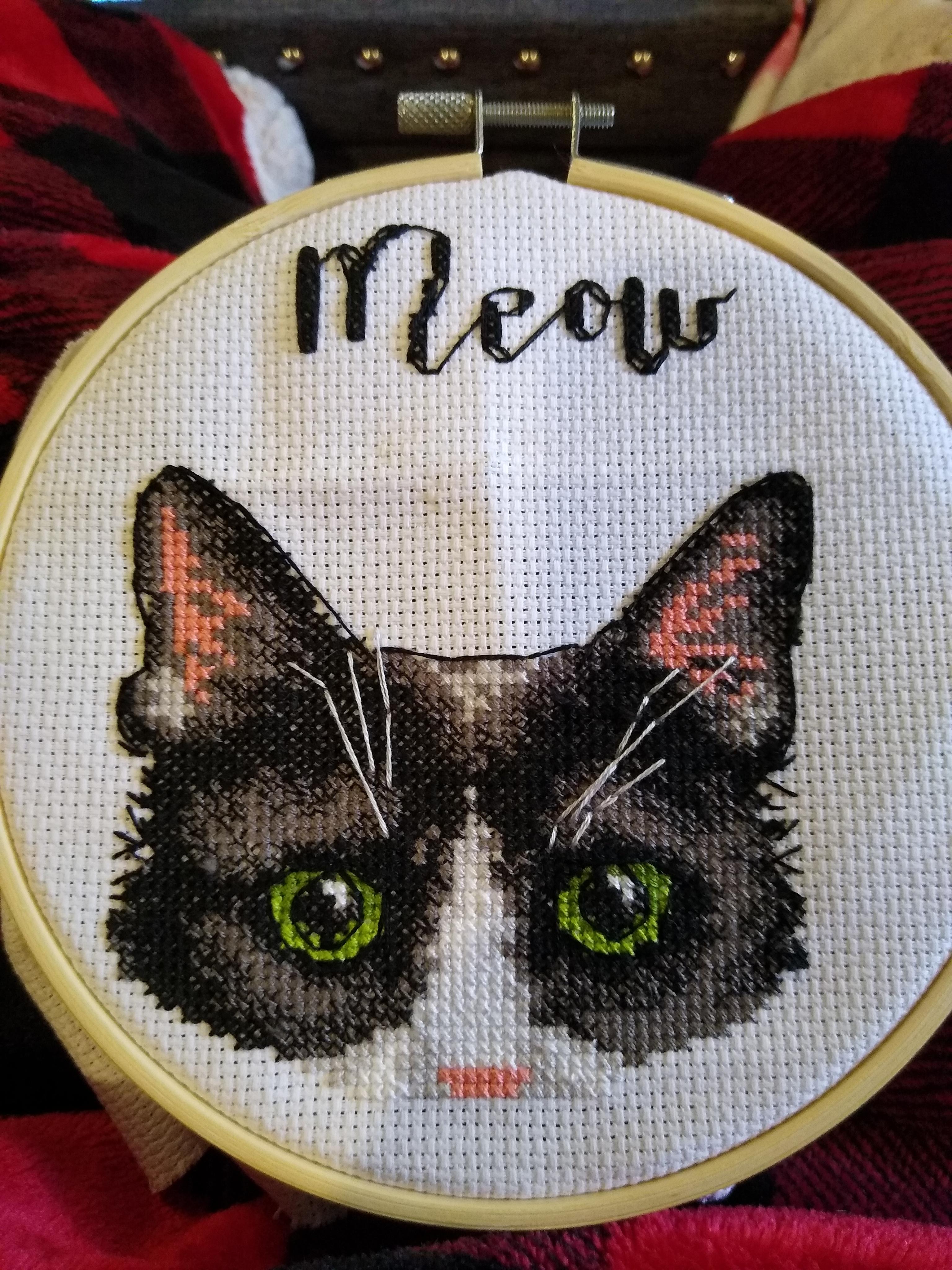 [FO] My first cross stitch, a simple cat from Walmart's craft section