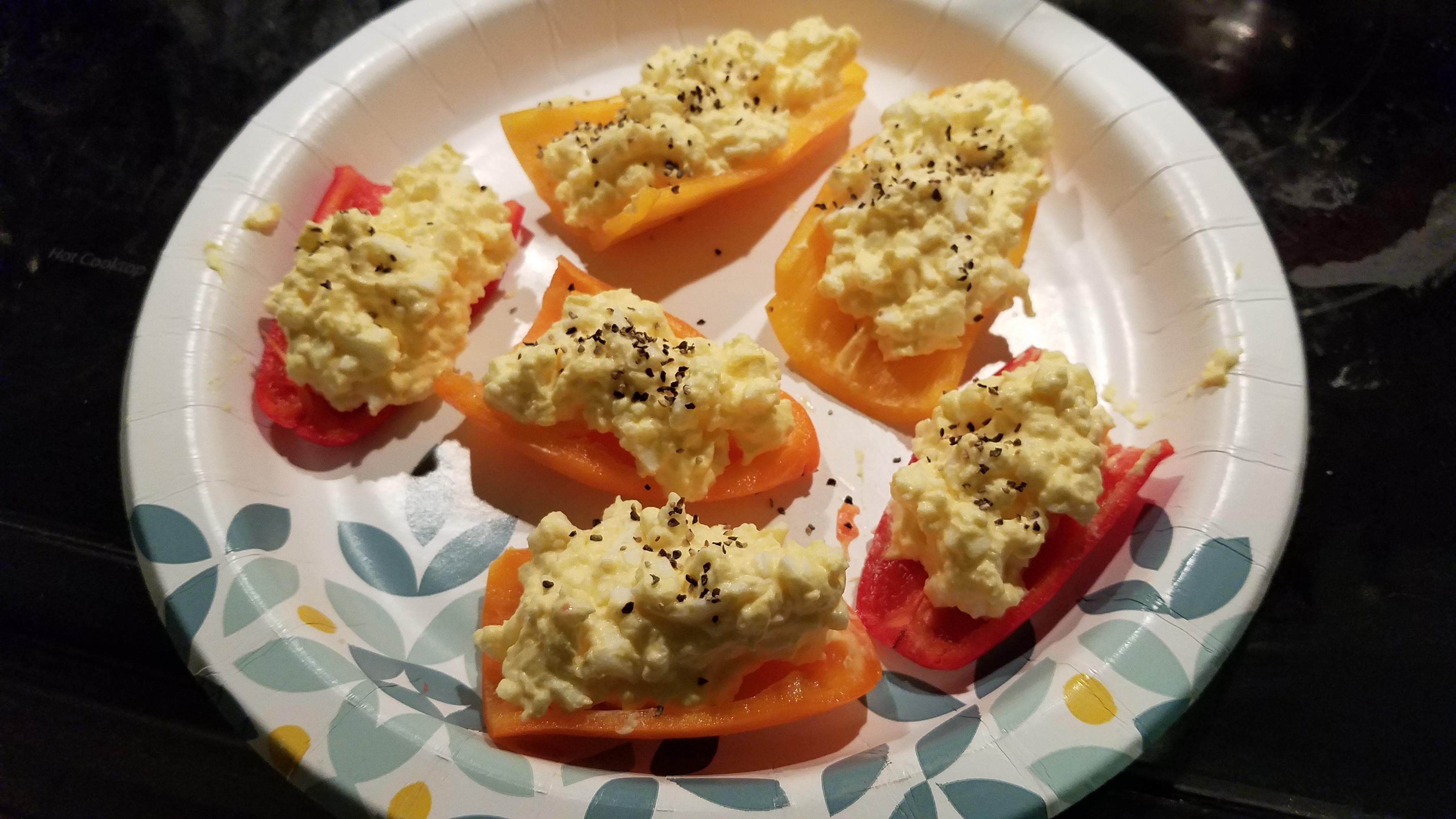 Quick late night munchie, egg salad on mini sweet pepper strips