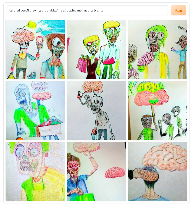 colored pencil drawing of zombies at the mall eating brains r/dallemini