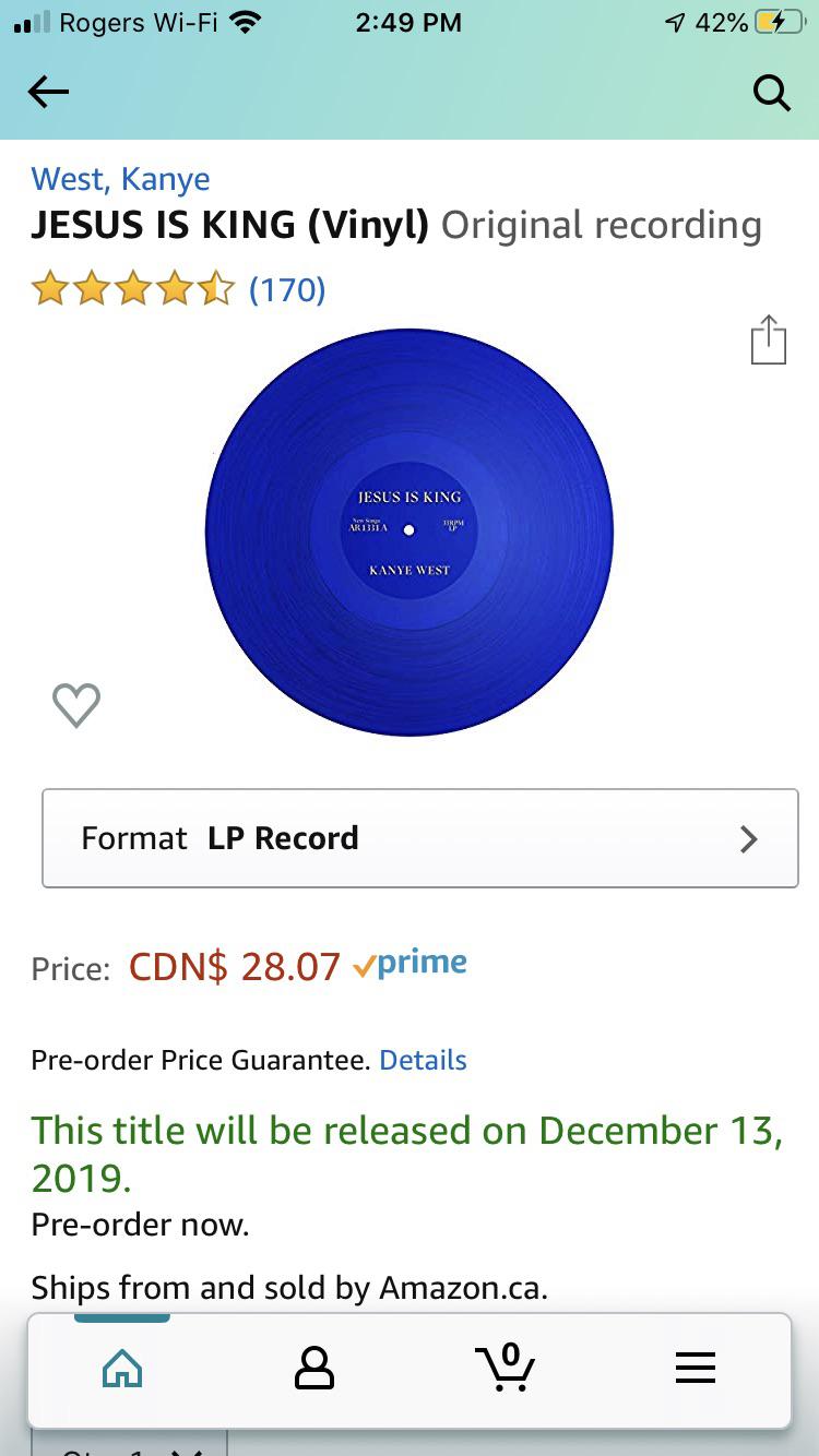 Amazon.ca says Jesus Is King vinyl comes out Dec 13. r/Kanye