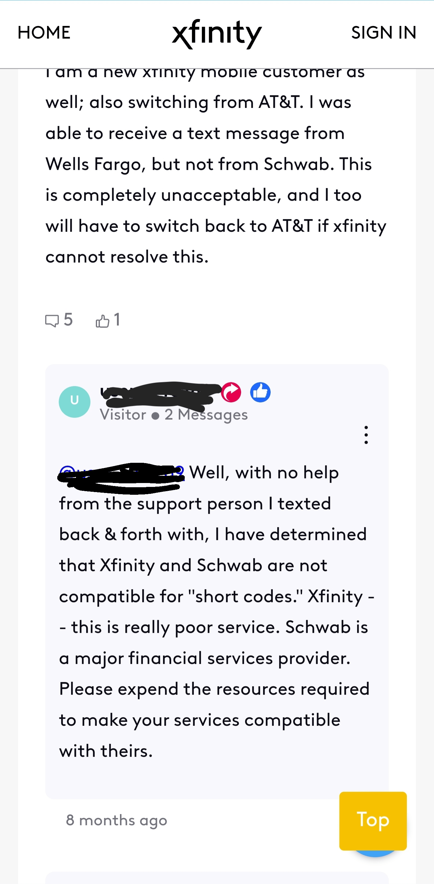 PSA Xfinity Mobile (Spectrum) does not support Short Code SMS. You