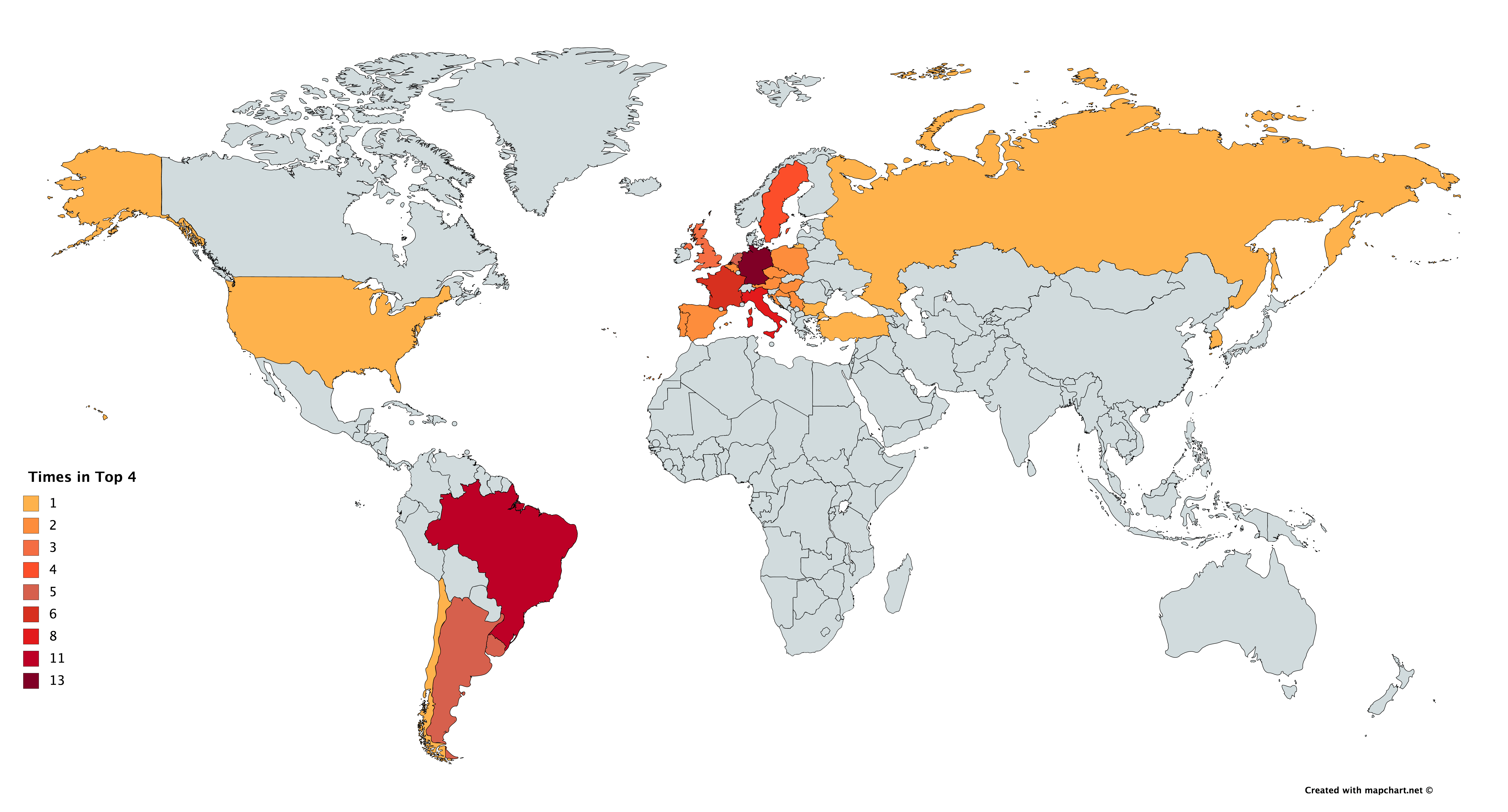 World Map of Countries who have finished in the World Cup top 4 soccer