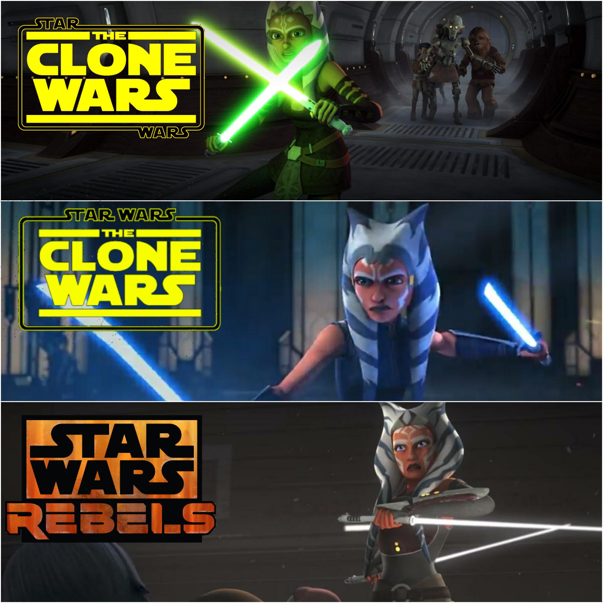 Why is Ahsoka’s lightsabers blue instead of green in the new clone wars