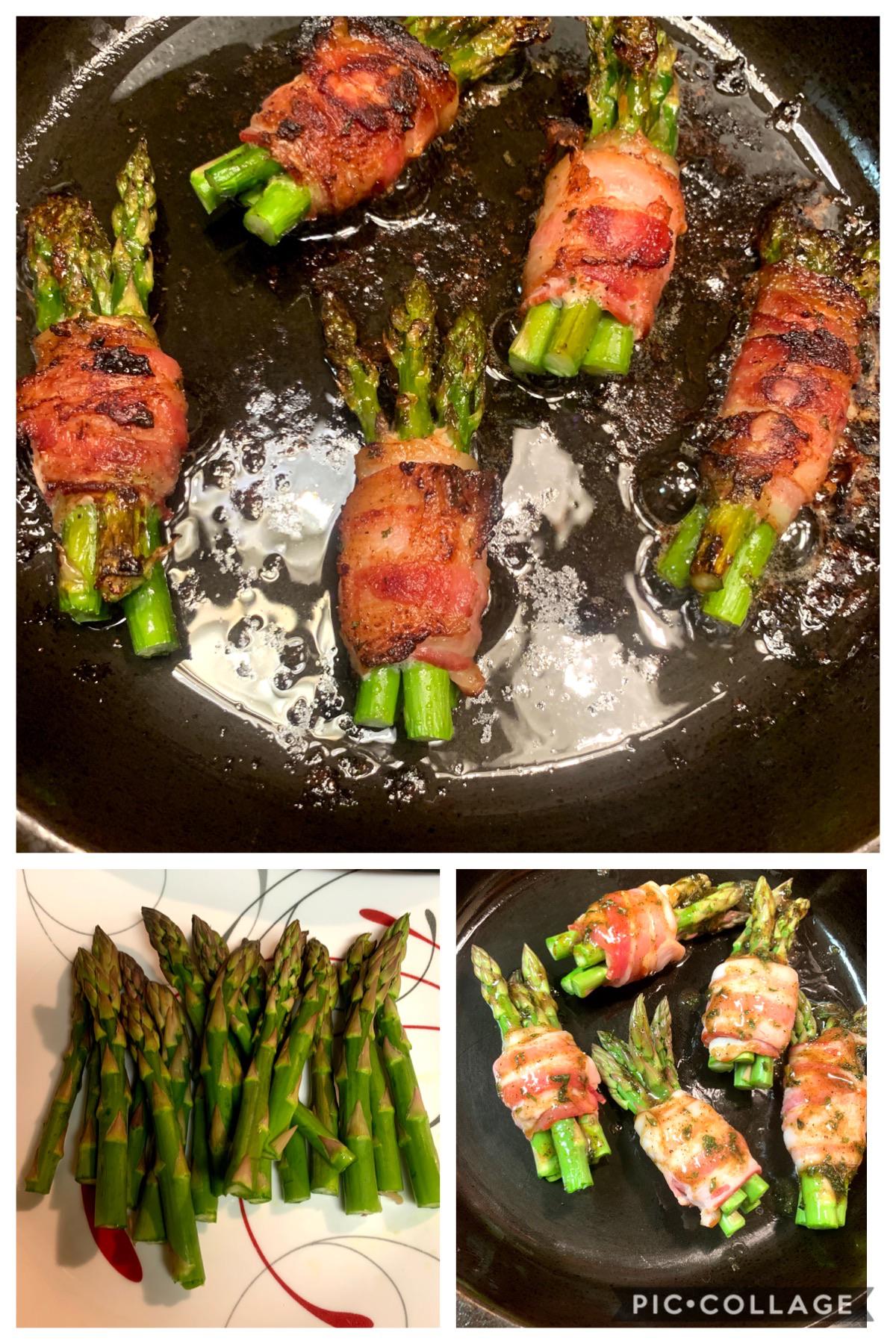 ‪Bacon wrapped asparagus spears brushed with a special brown sugar