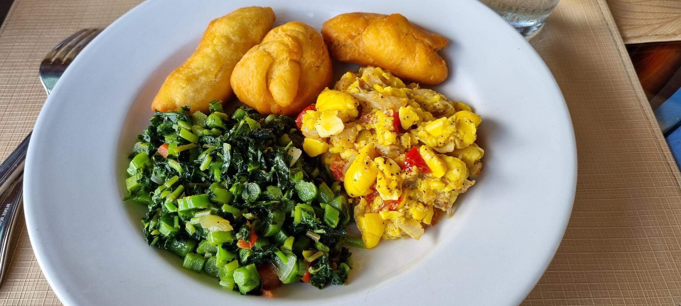 [i ate] Ackee and Saltfish with Steamed Callaloo and Festival r/food