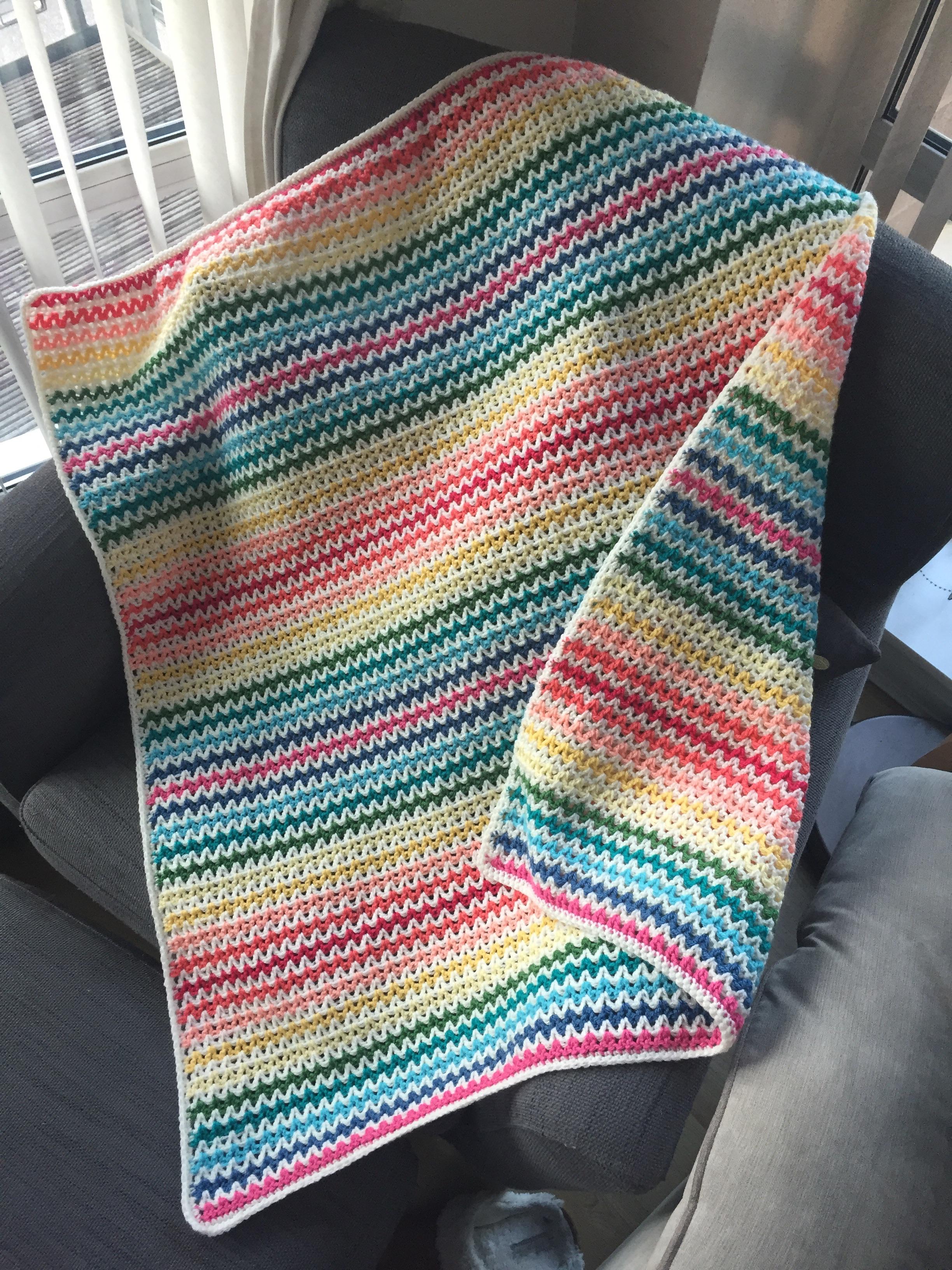 Finished my Sister’s V Stitch Rainbow Blanket. It’s 37”x42”. I ran out