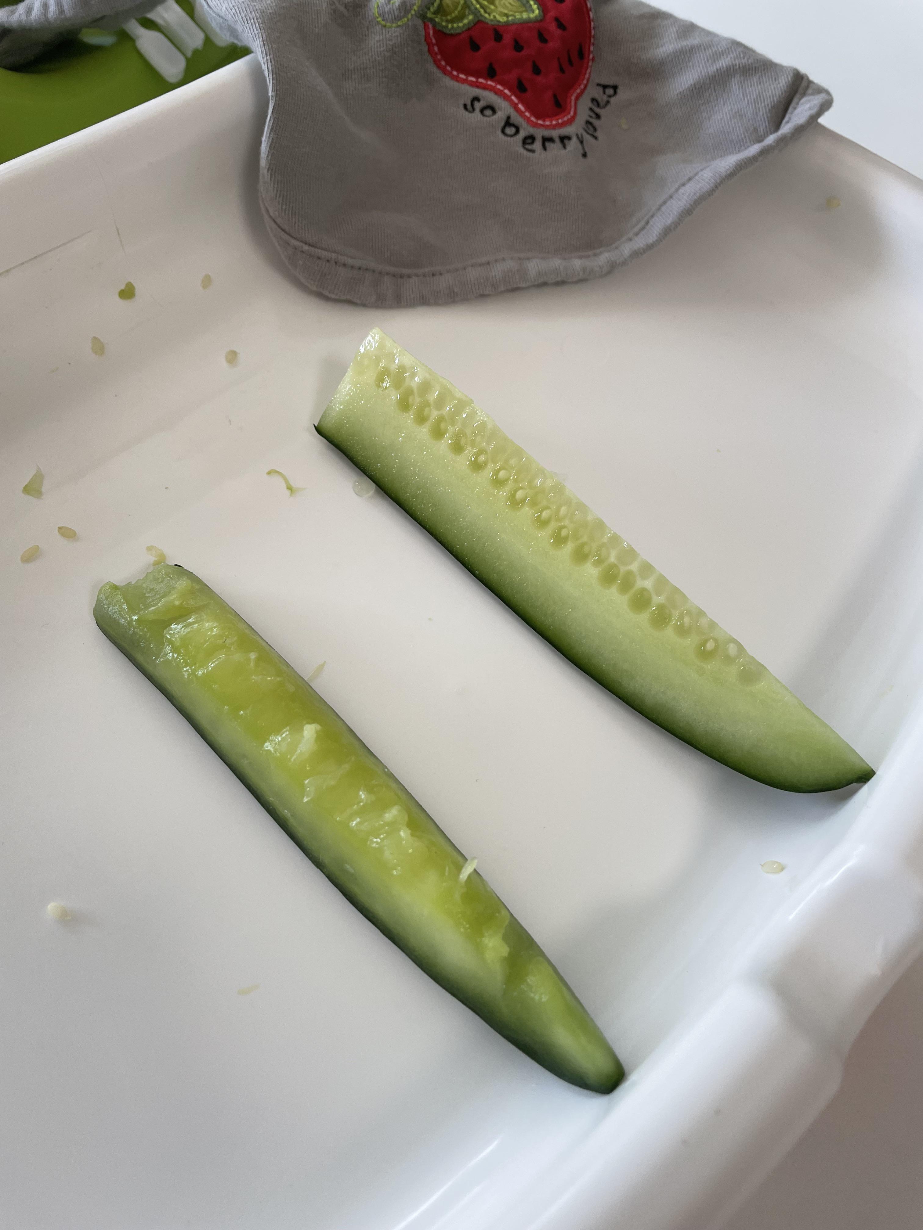 6 months, first cucumber ☺️ after/before r/BabyLedWeaning