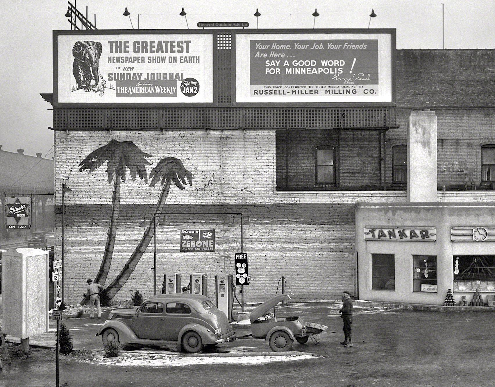 Gas station in Minneapolis. Photograph taken November 1927 by John