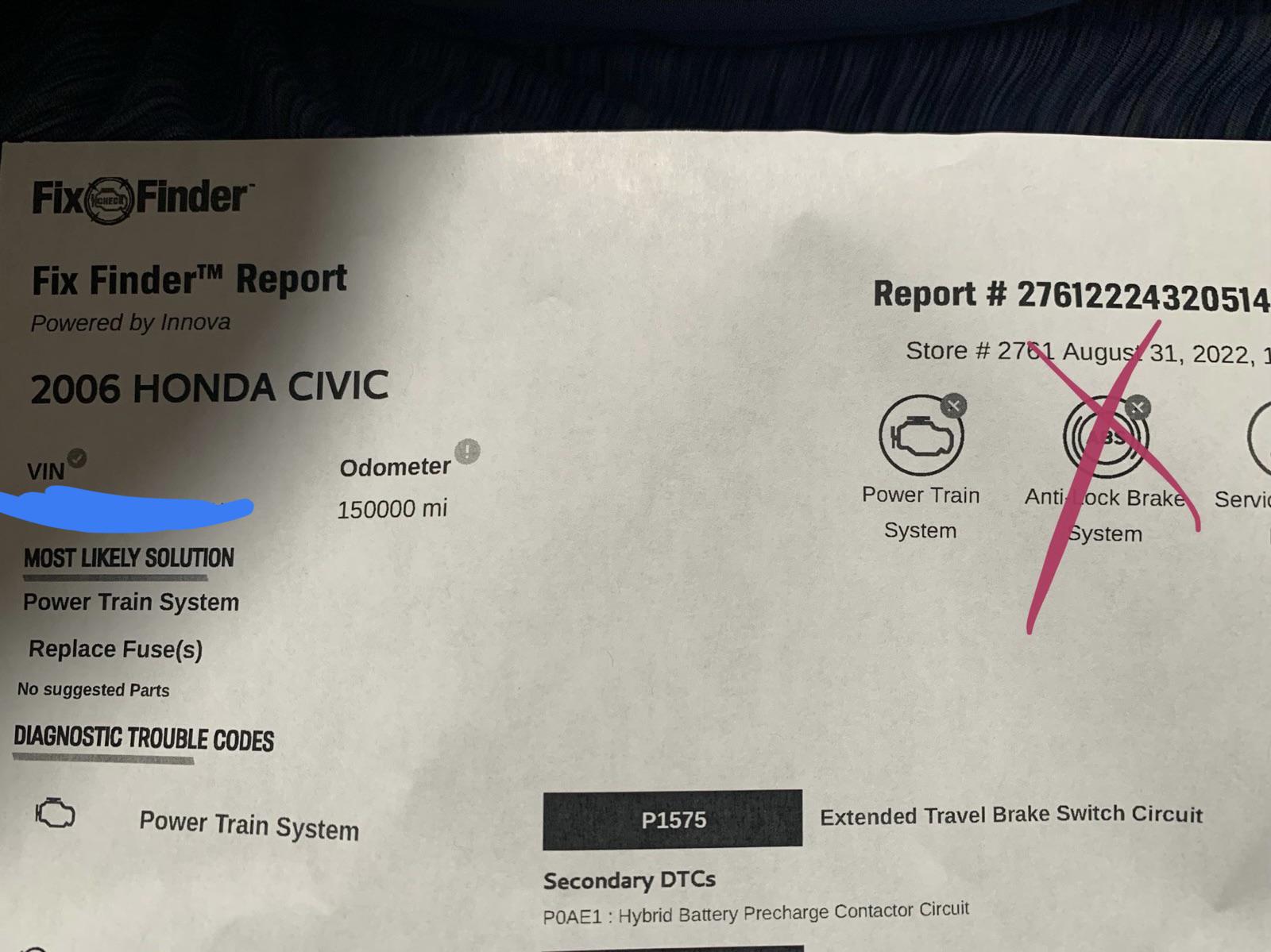 Trouble code p1575 2006 Honda Civic Hybrid : r/CarHelp