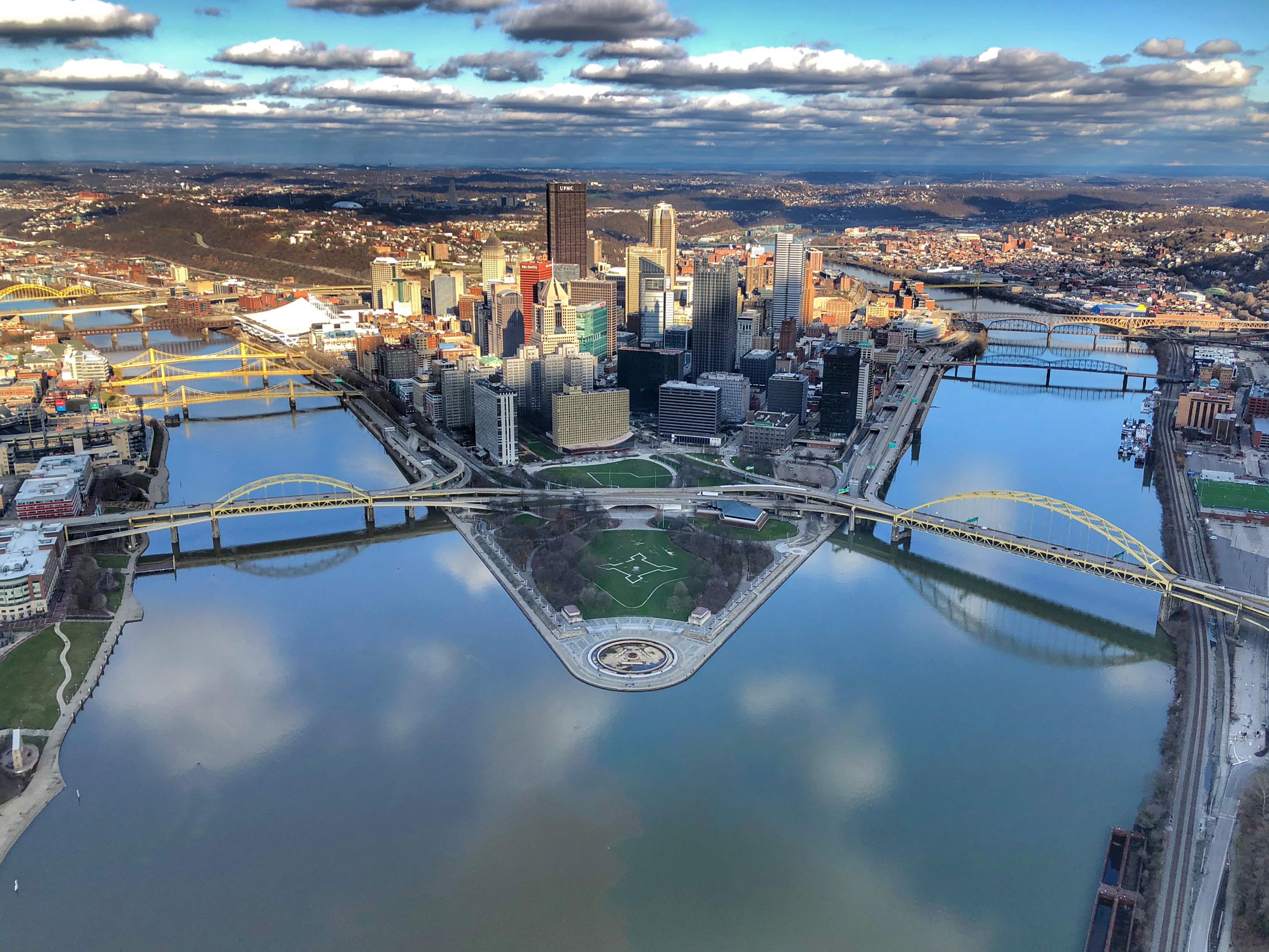 Aerial shot of Pittsburgh during the evening rush hour. Keep it up