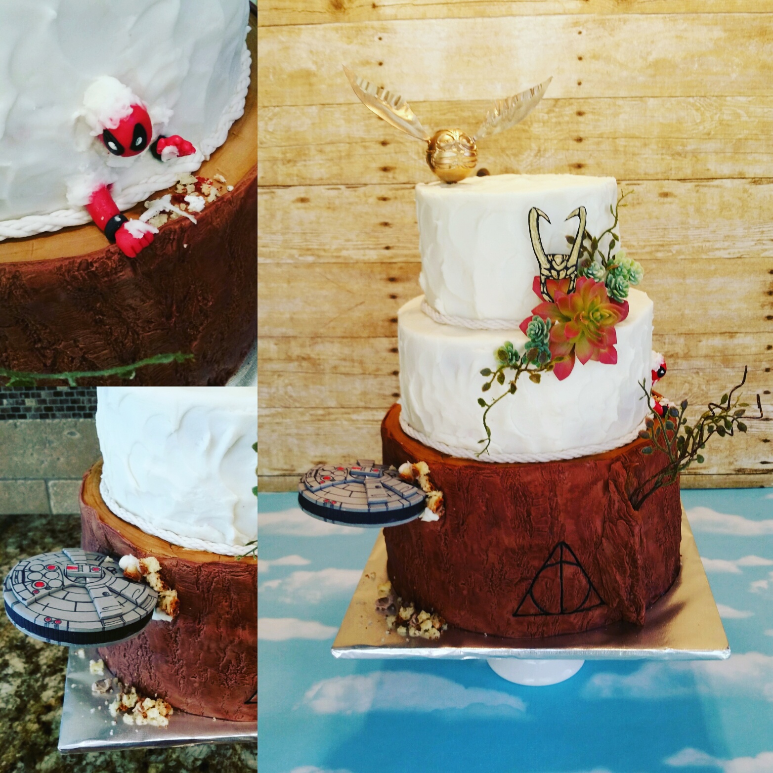 Geektique wedding cake featuring Harry Potter, Deadpool, Star Wars, and